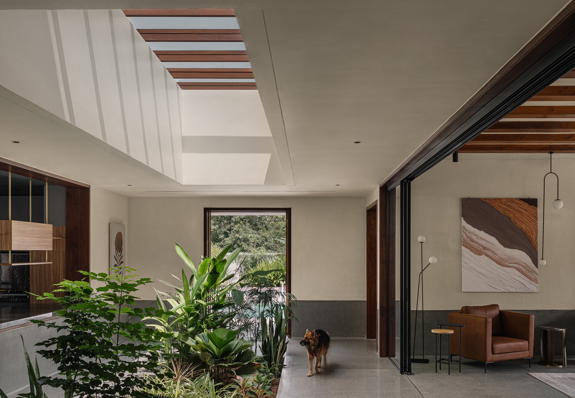 Interior passage with timber ceiling slats and a dog standing near the doorway