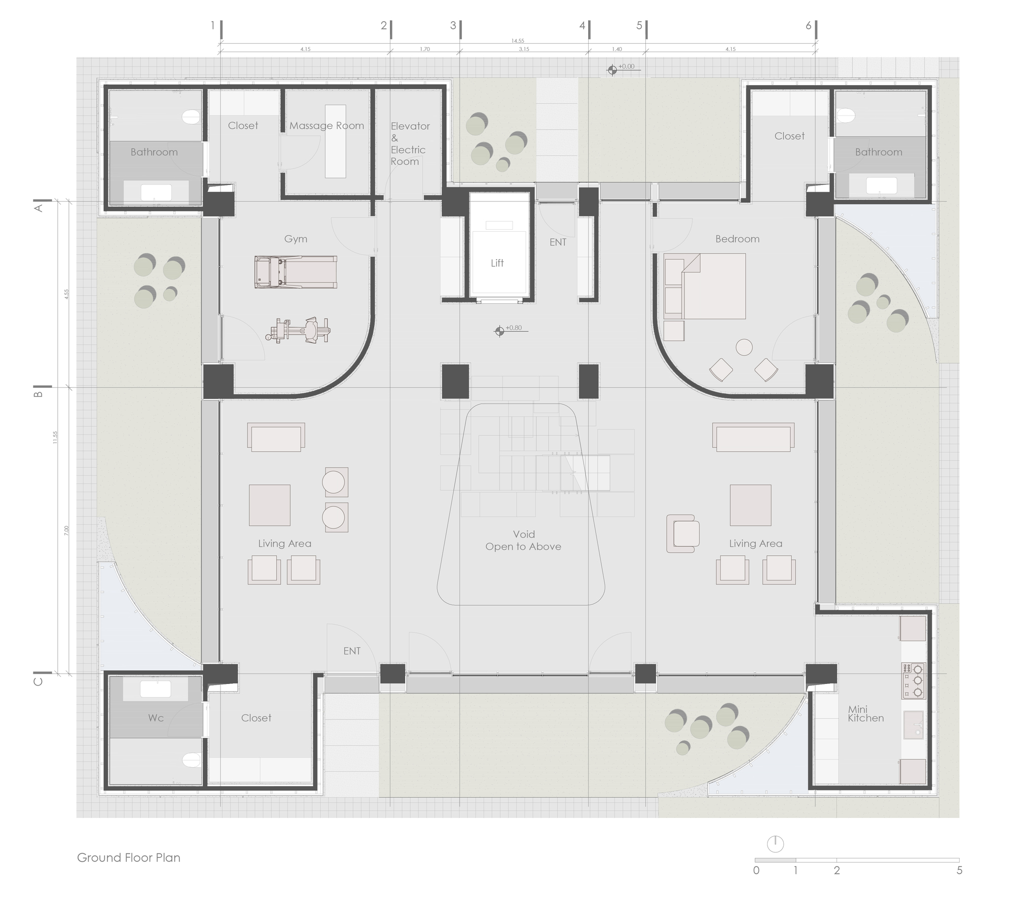 Ground floor plan drawing showing symmetrical wings with living areas flanking a central void