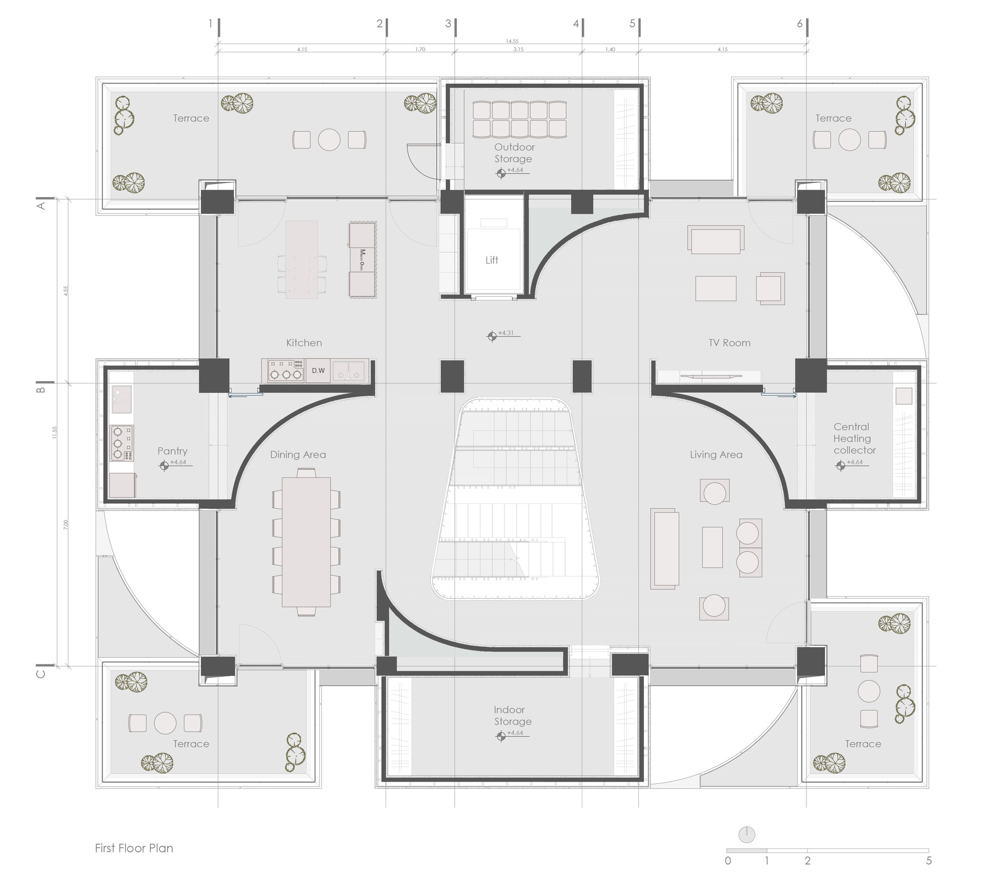First floor plan drawing showing kitchen and living spaces with corner terraces around central stair void