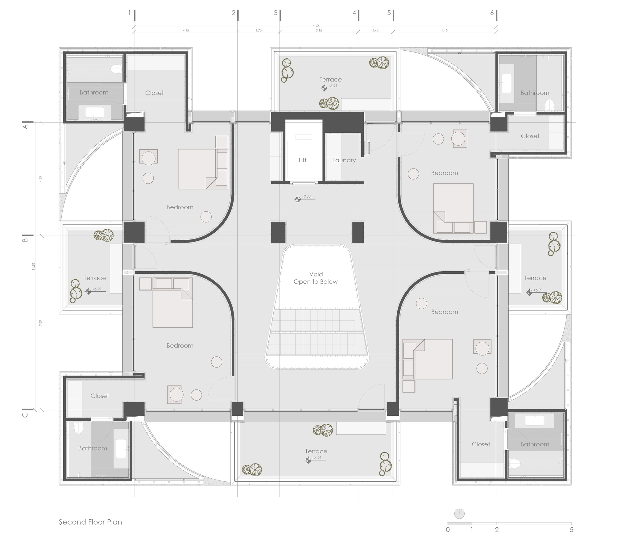 Floor plan drawing showing four bedrooms arranged around a central void open to below