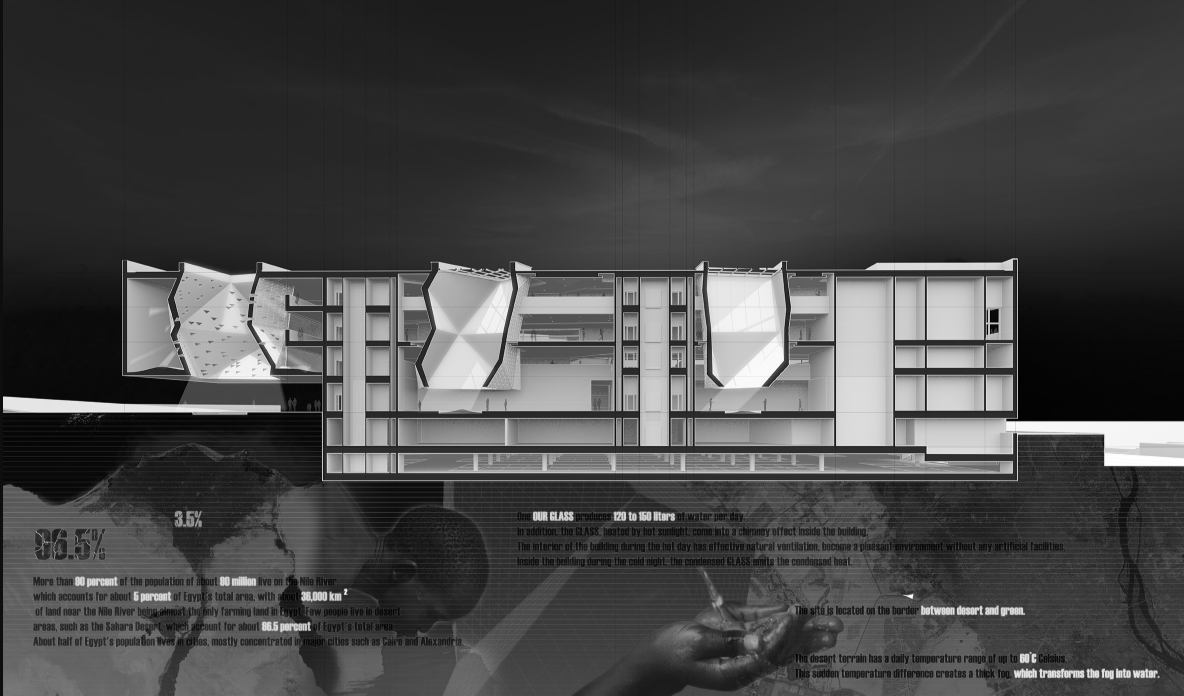 Sectional view revealing vertical environmental tubes driving light, air, and water systems