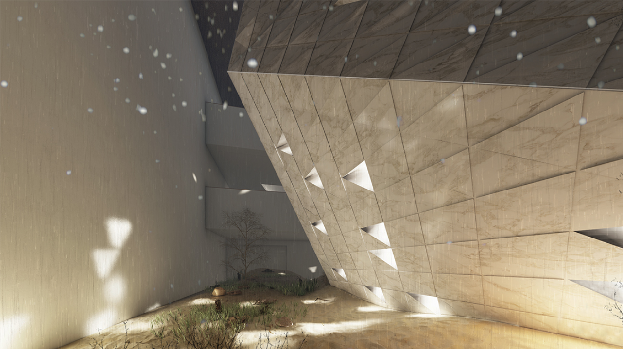 Angular surface geometry channeling light through triangular apertures into interior spaces