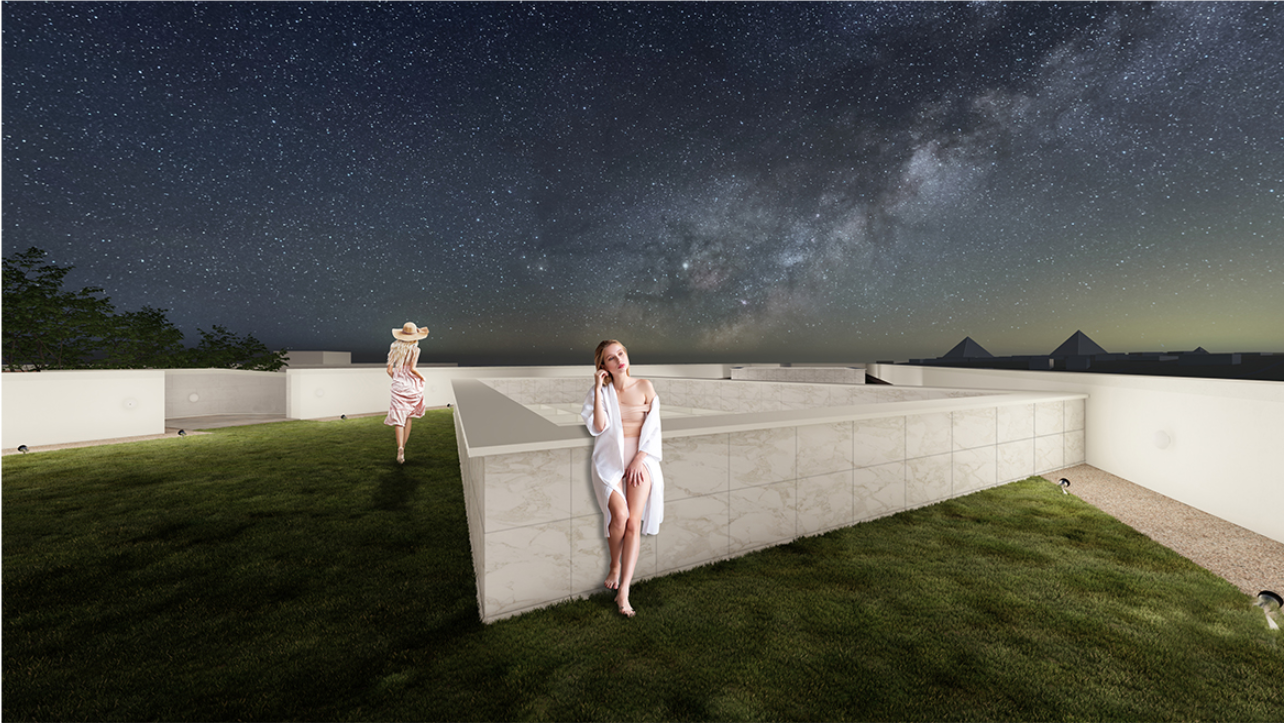Rooftop terrace framing night sky views, contrasting desert isolation with immersive experience