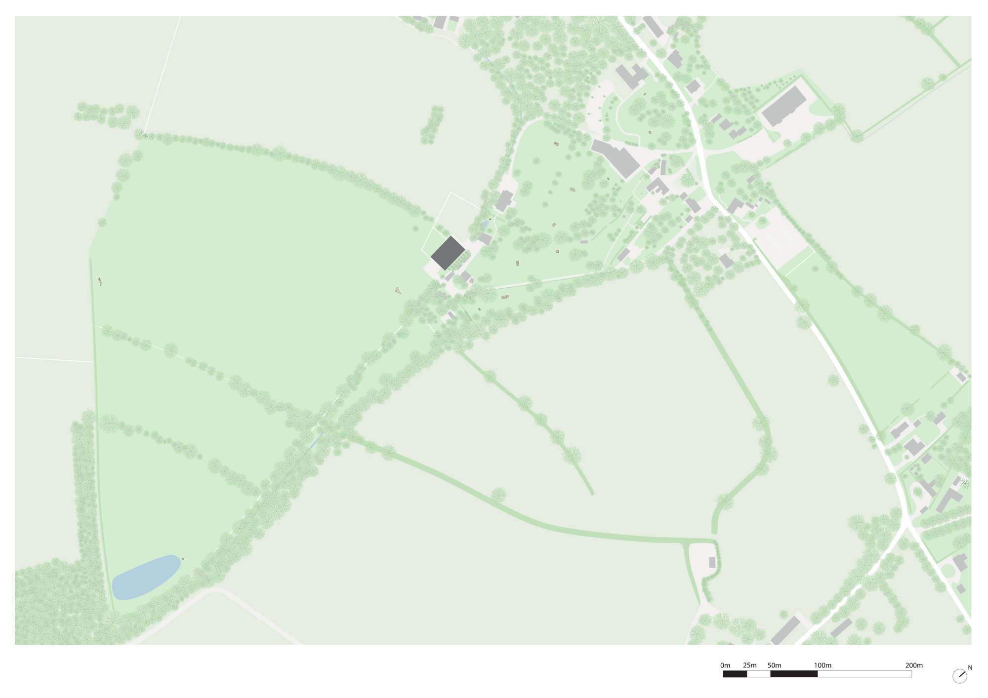 Site plan drawing showing the building footprint within parkland and surrounding tree coverage