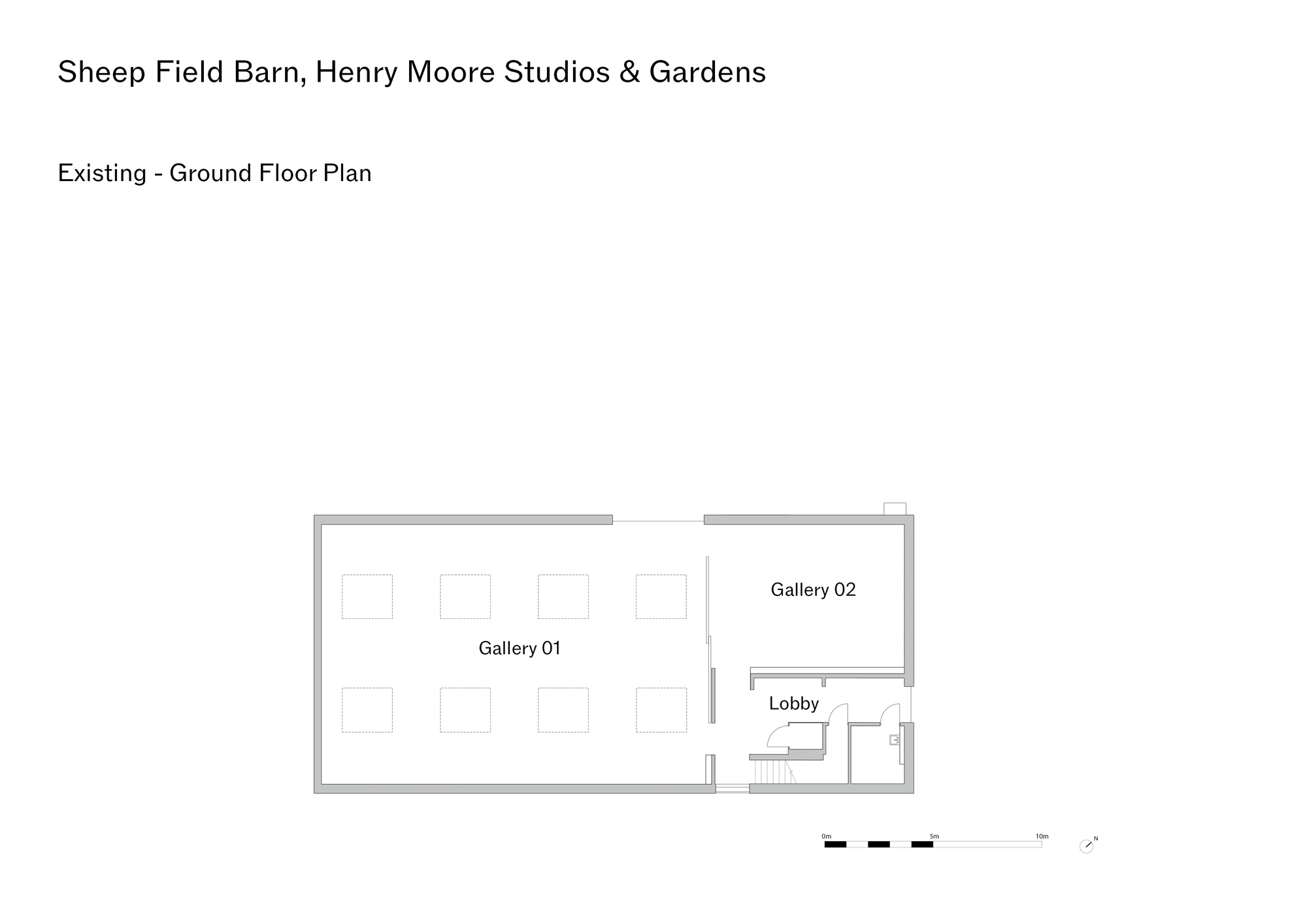 Ground floor plan drawing showing two gallery spaces with a lobby and stair