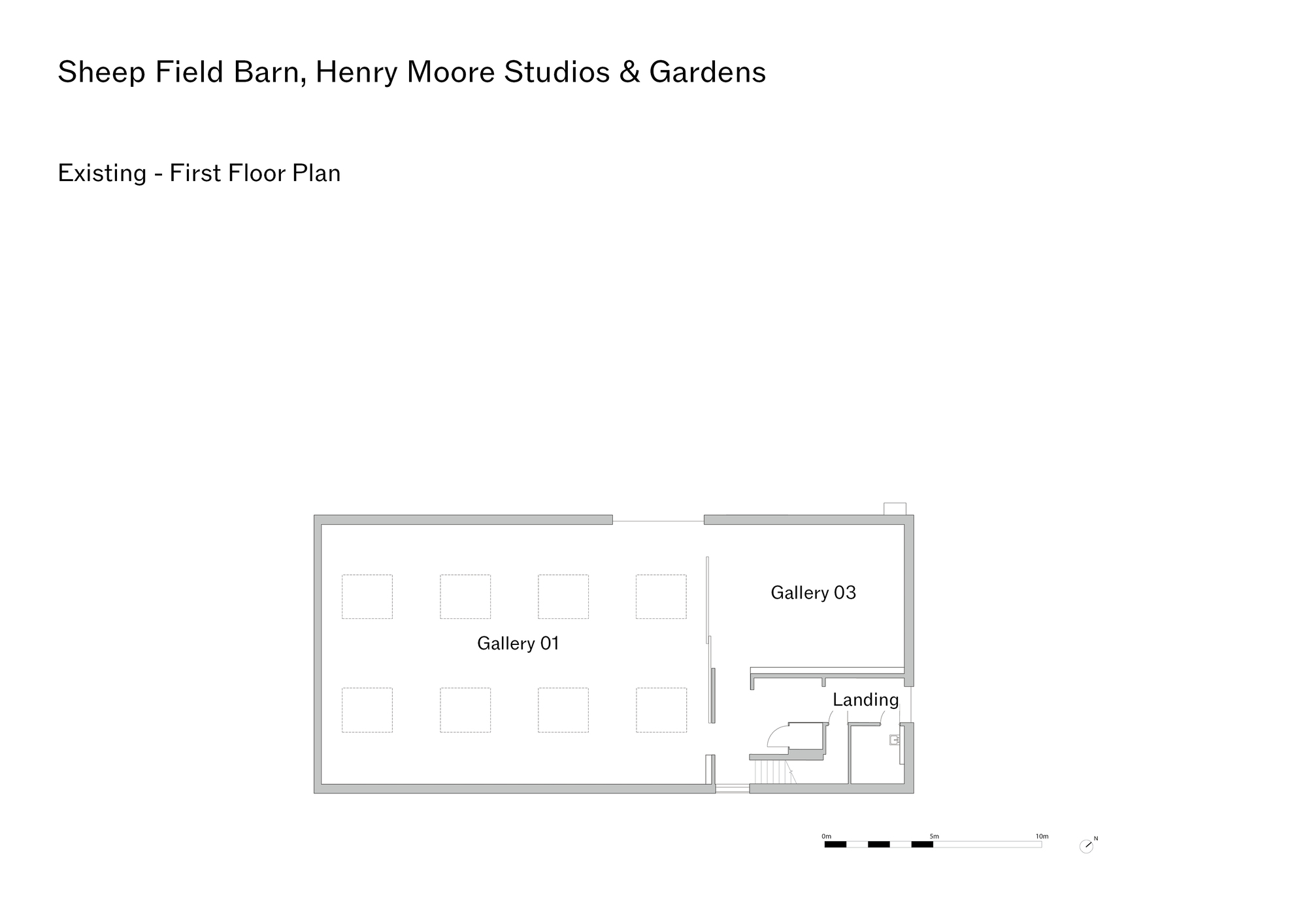 First floor plan drawing showing three gallery spaces connected by a central landing