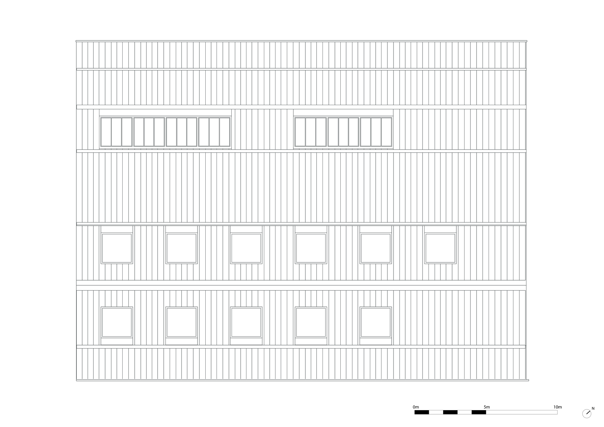 Elevation drawing of a vertical-clad facade with square windows and skylights at the roofline