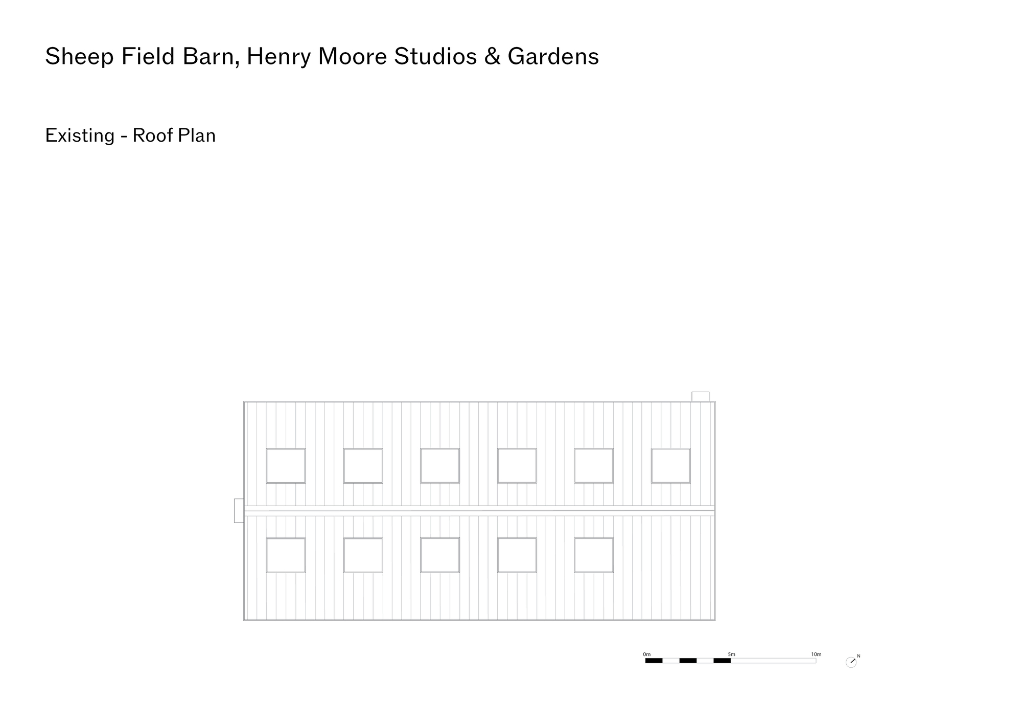Roof plan drawing showing a rectangular form with eleven evenly spaced square skylights