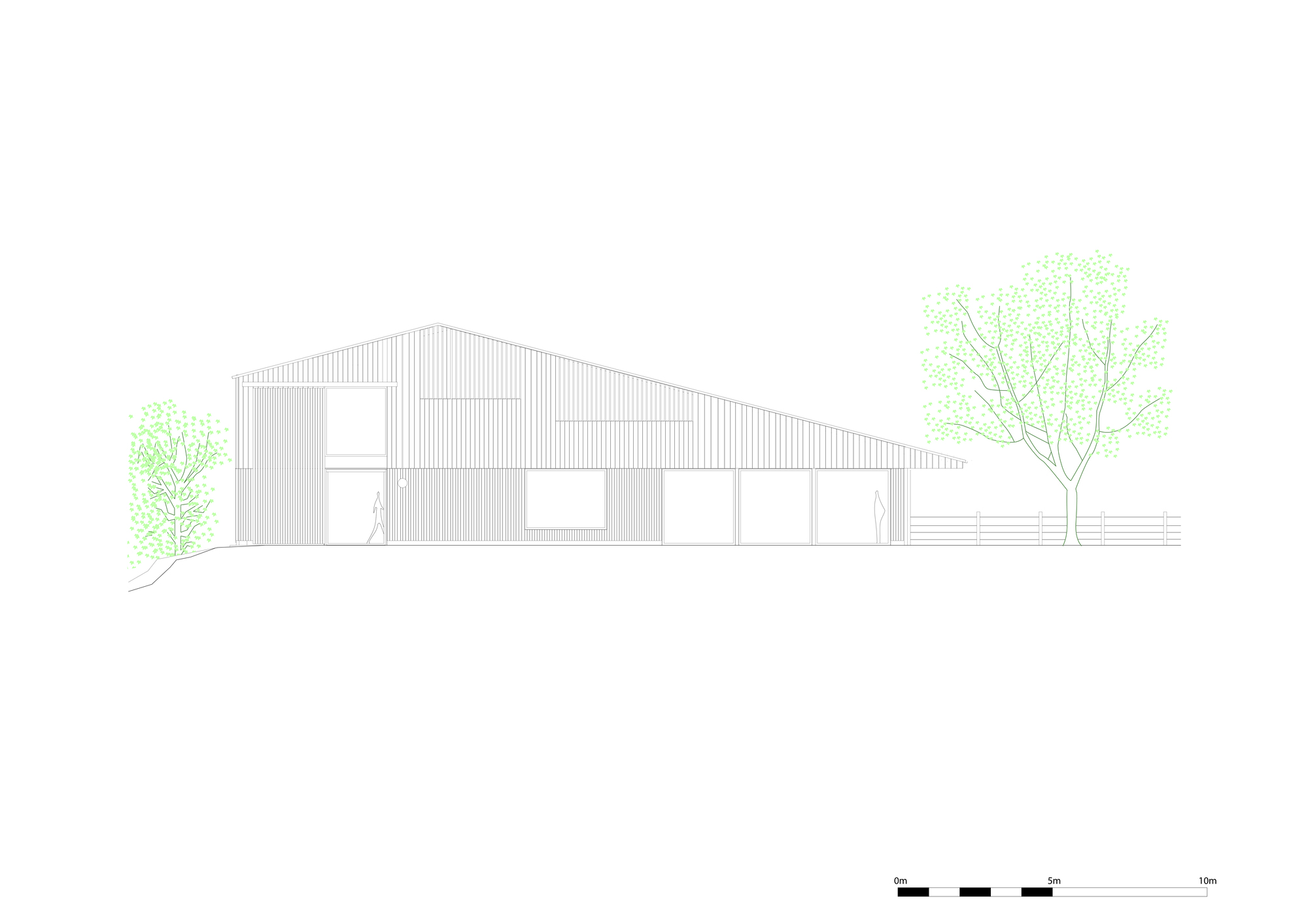 Elevation drawing showing a gabled barn with vertical cladding and flanking trees