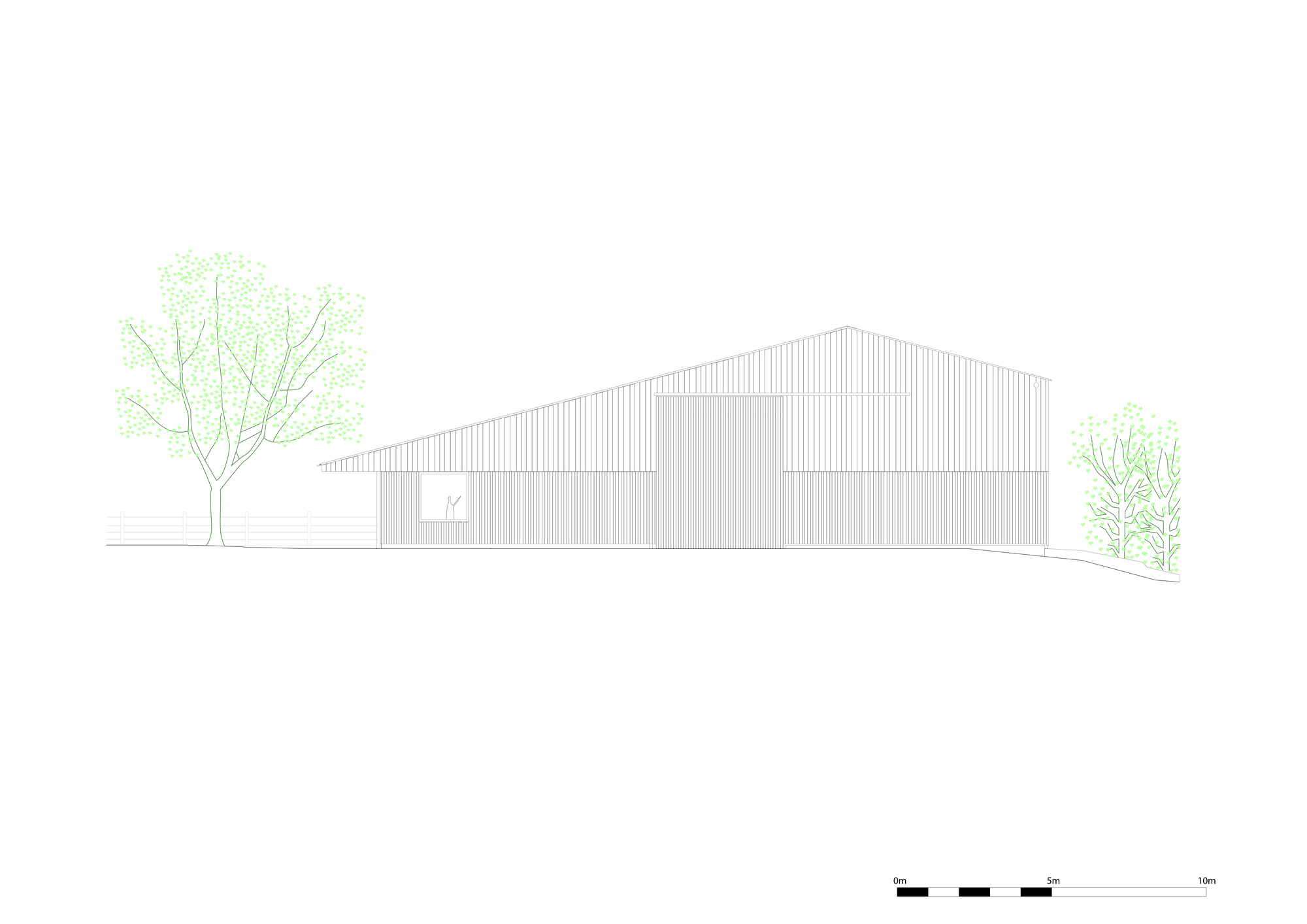 Elevation drawing depicting the barn with offset volumes and a single tree
