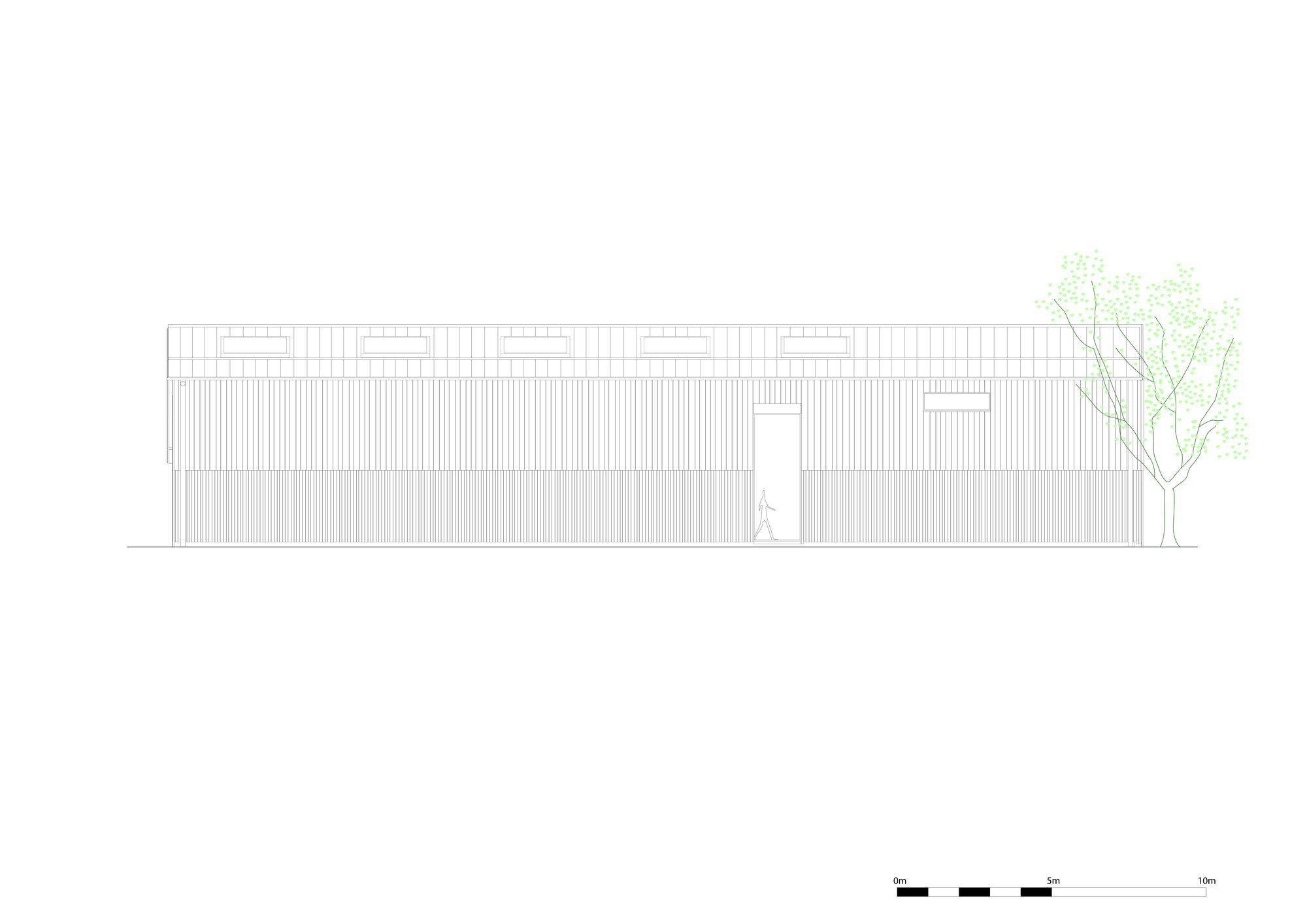 Elevation drawing of the long facade with clerestory windows and a figure near a tree