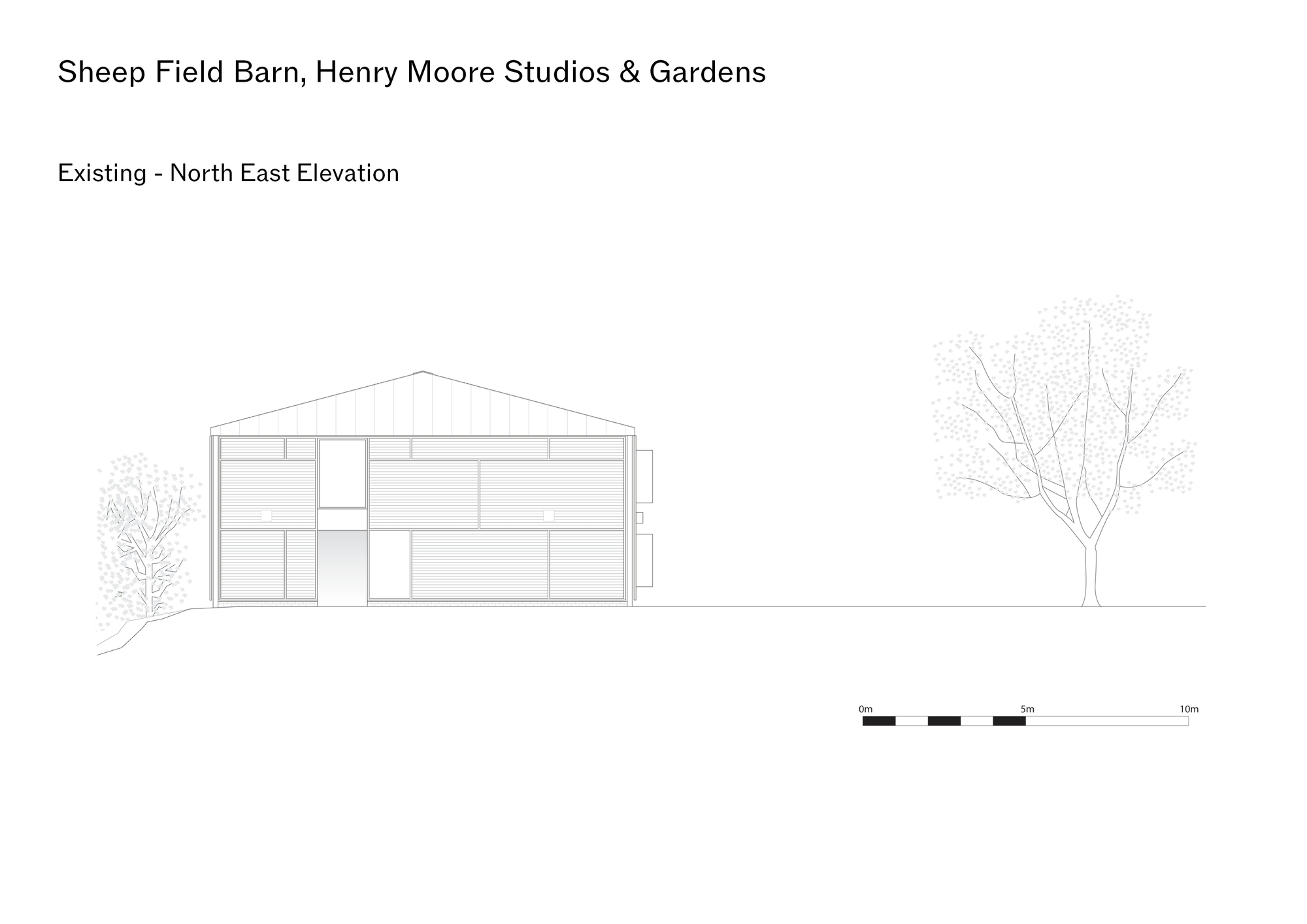 Elevation drawing of the gabled end with mixed window openings between two trees
