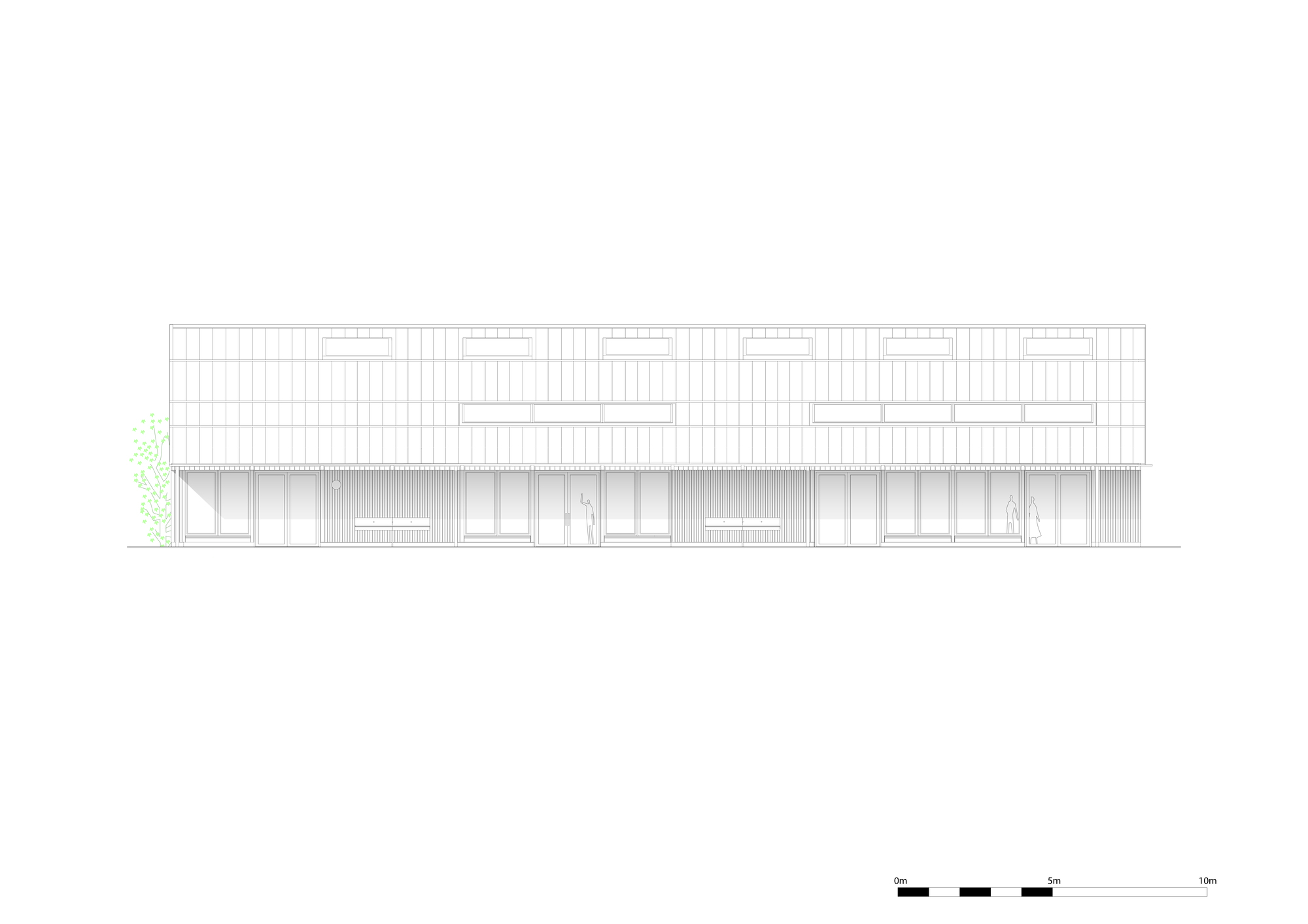 Elevation drawing showing the barn with upper clerestory band and recessed lower openings