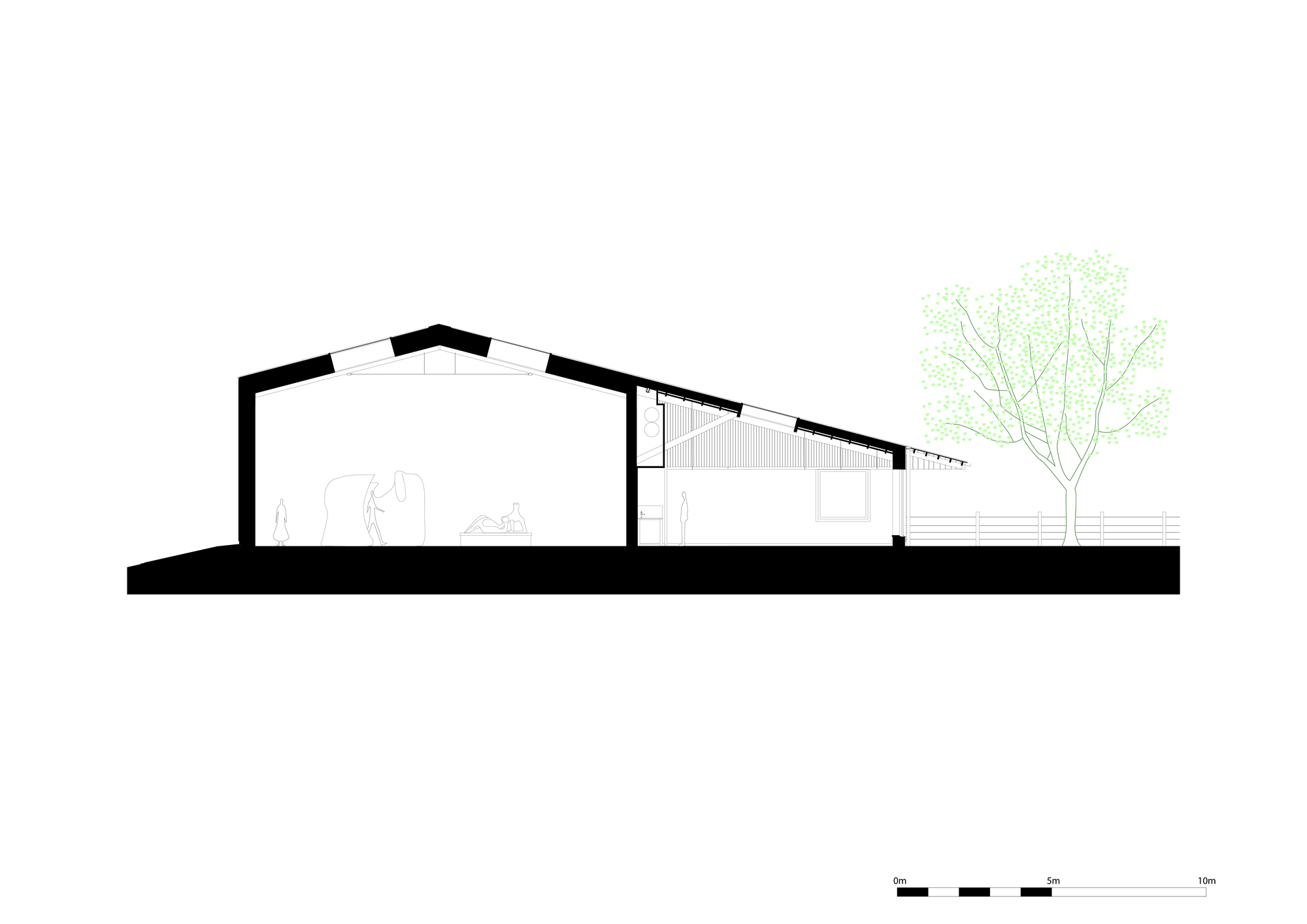 Section drawing showing the pitched roof structure and interior volumes with a tree outside