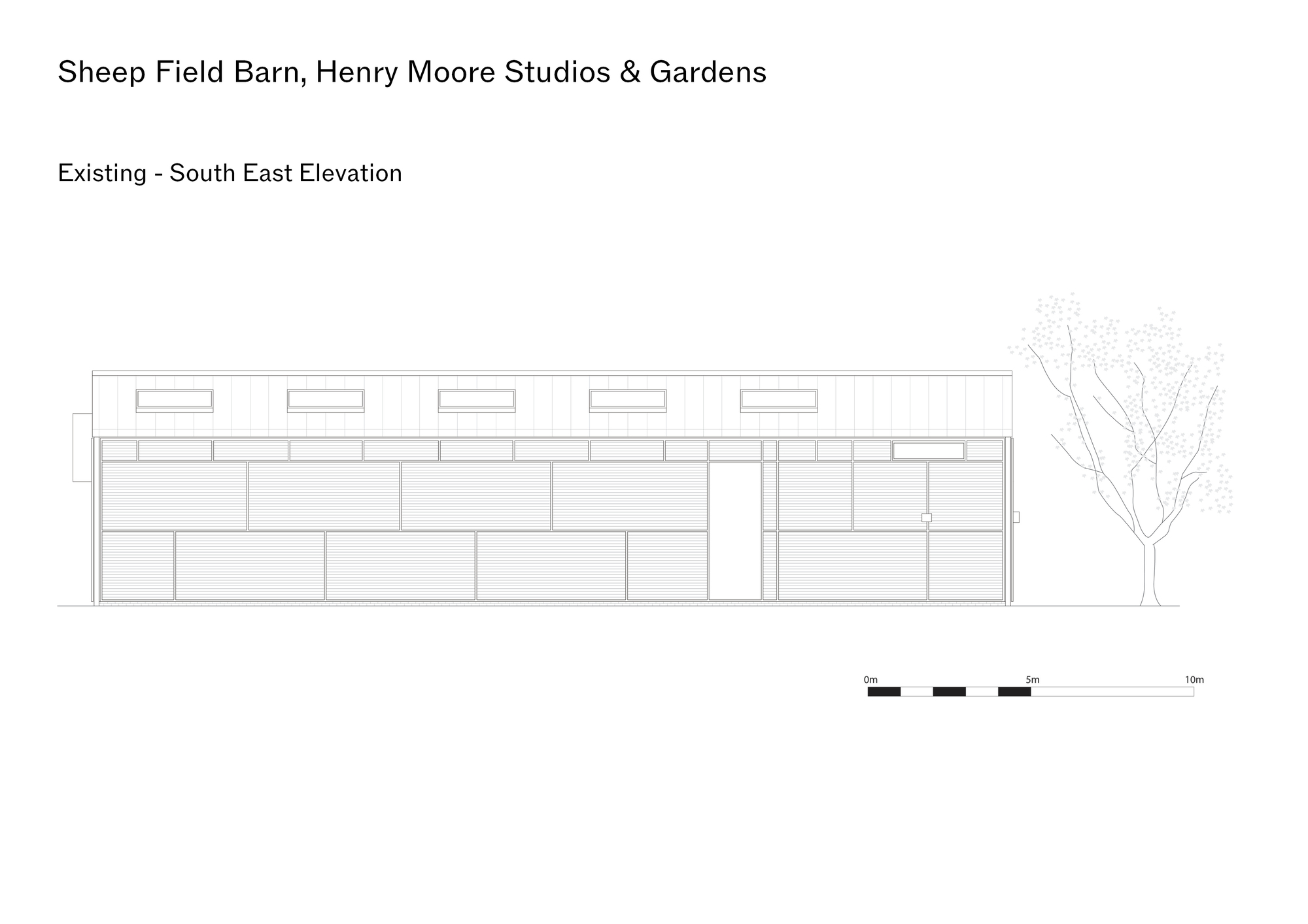 Elevation drawing showing a long horizontal barn facade with clerestory windows and a tree at one end