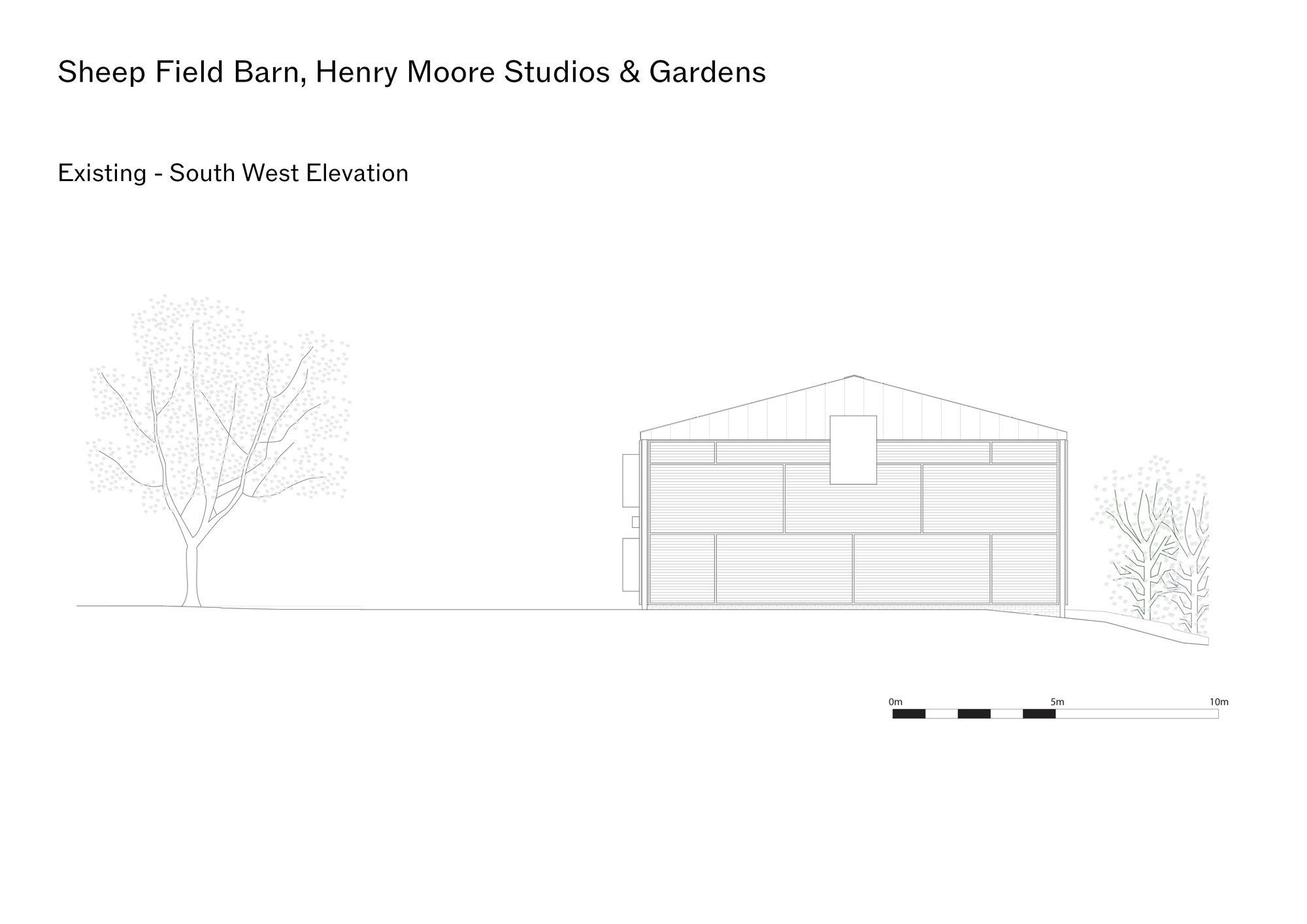 Elevation drawing of a gabled barn structure with horizontal cladding flanked by two trees