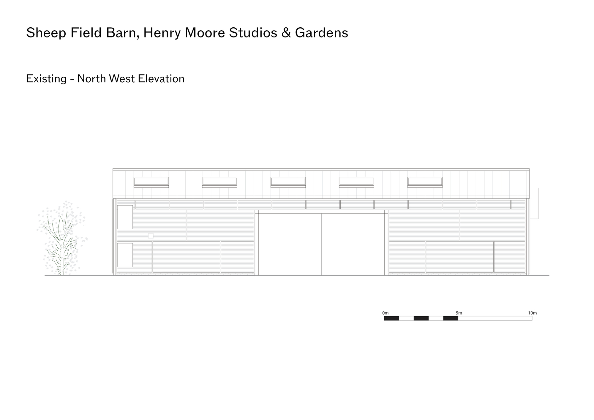 Elevation drawing depicting the barn's long facade with clerestory monitors and a small tree to the left