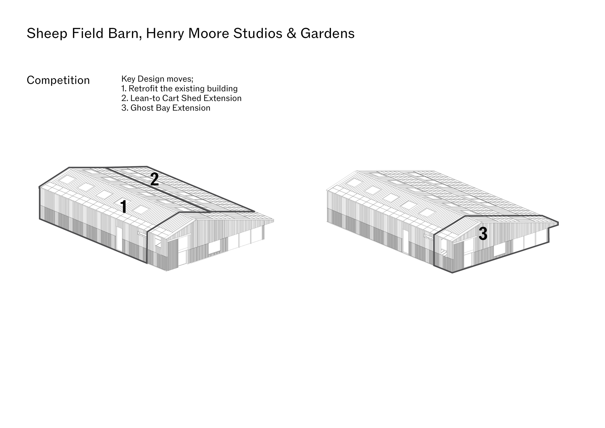 Axonometric diagram illustrating two phases of the barn structure with corrugated metal roofing