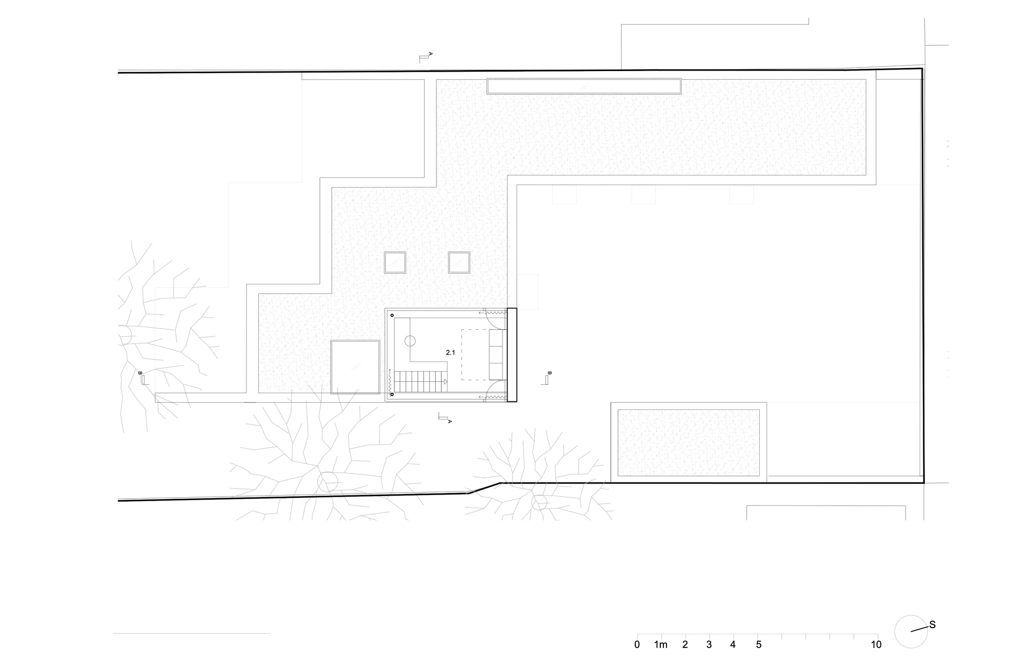 First floor plan drawing showing upper level with terrace and open volumes