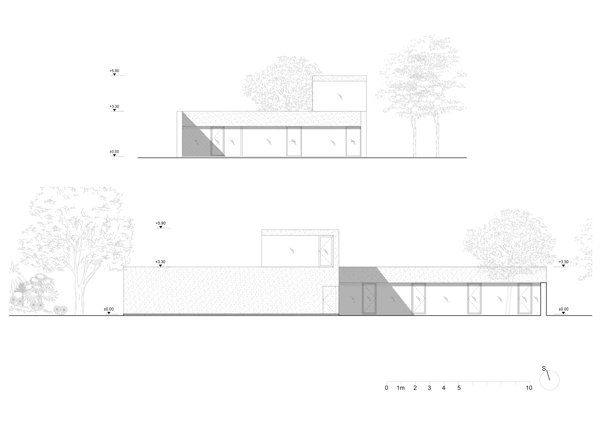 Elevation drawing depicting two-storey massing with horizontal glazing and adjacent trees