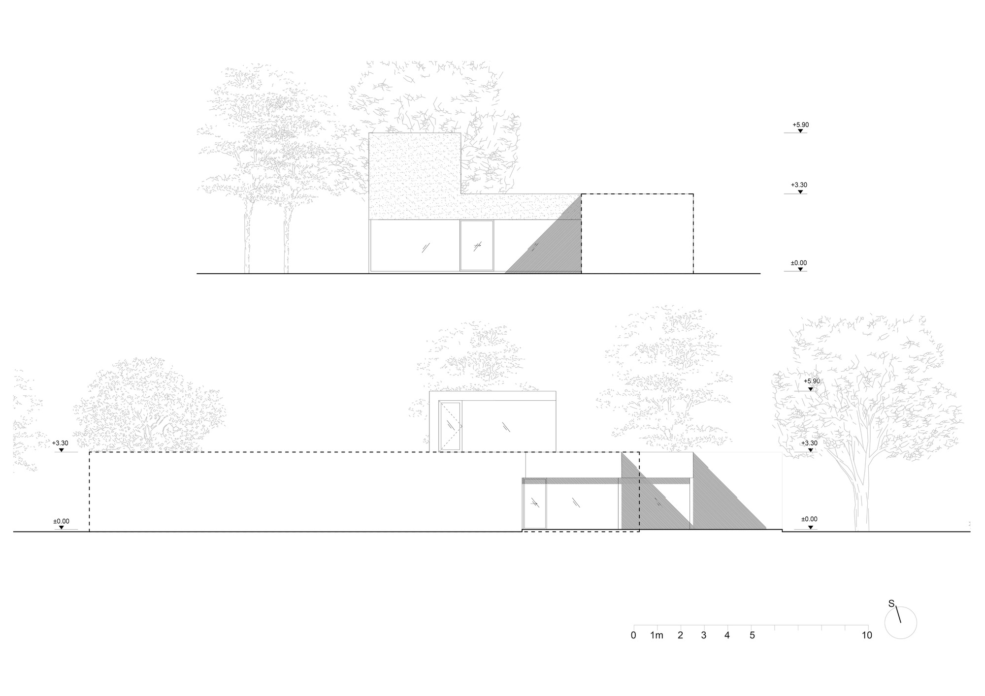 Section drawings showing two building volumes with sloped roofs amid surrounding trees and landscape