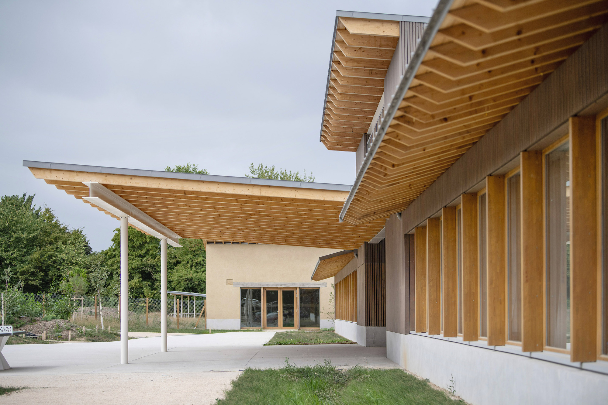 Covered entry with cantilevered timber soffit and vertical wood screen beside planted beds