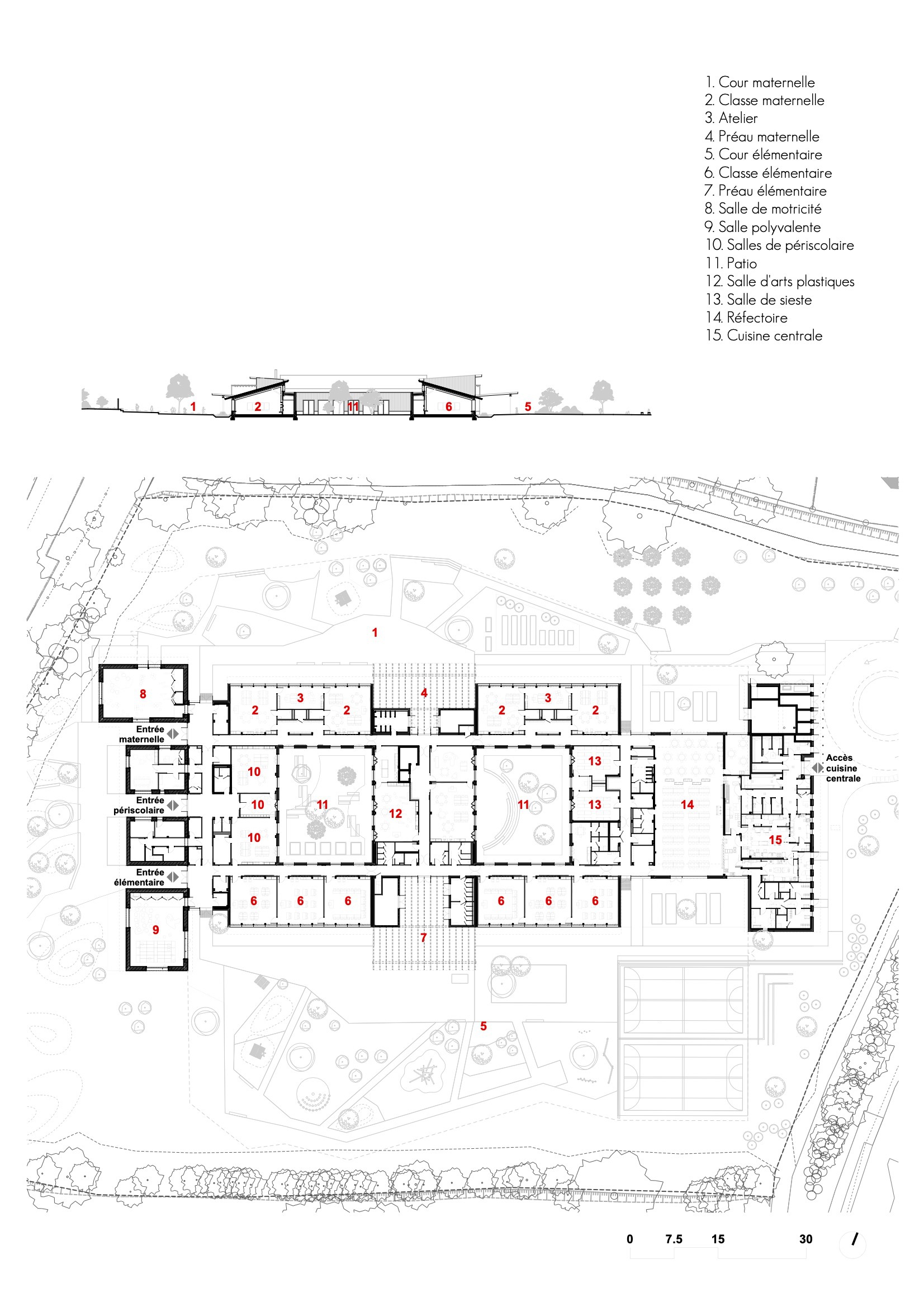 Floor plan and section drawing showing classroom wings and courtyard organization with landscape context