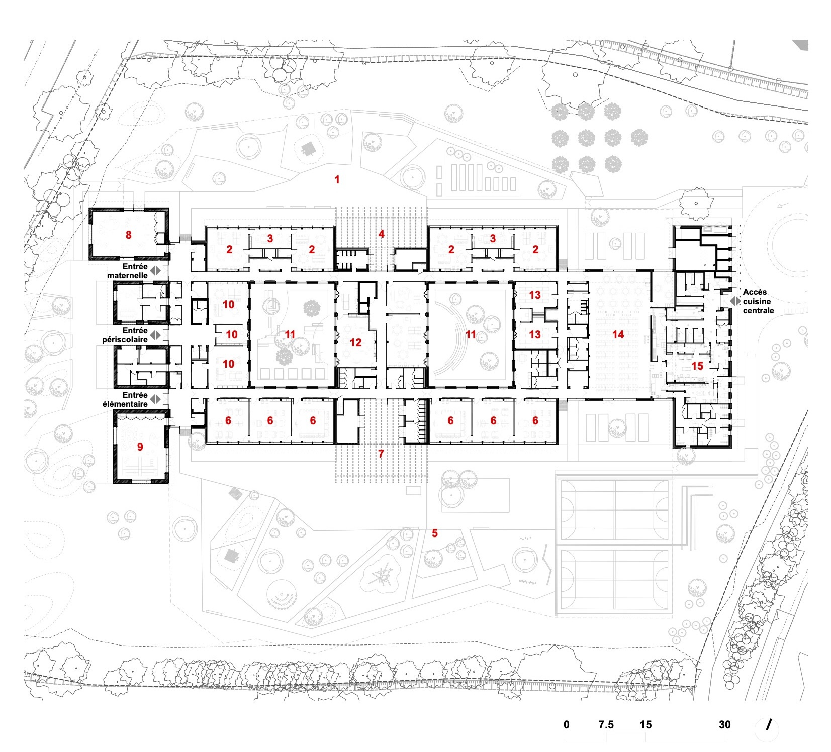 Floor plan drawing showing the linear arrangement of classrooms around central courtyards and circulation spine