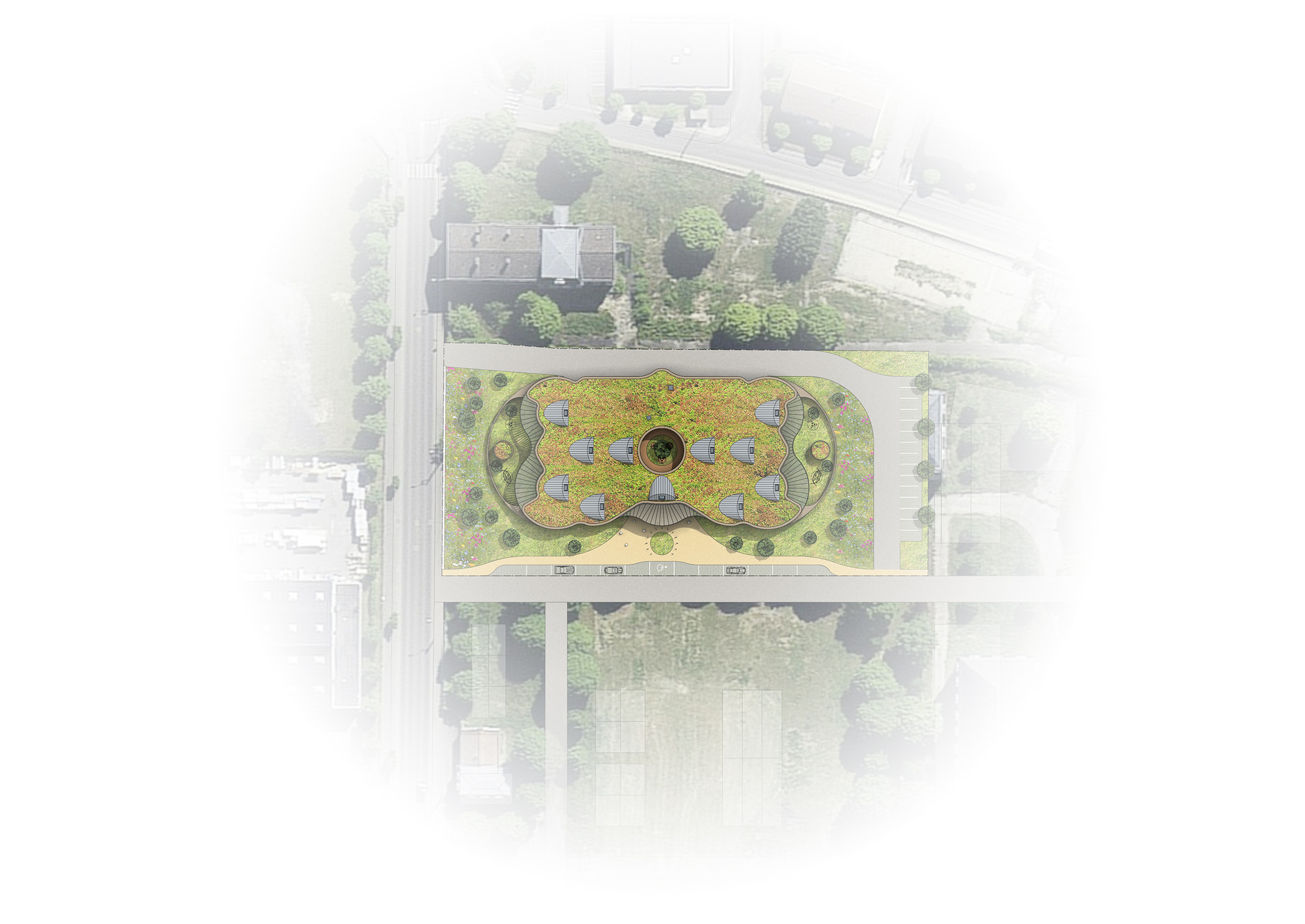 Aerial site plan rendering showing the cloverleaf roof form surrounded by landscaping and adjacent streets