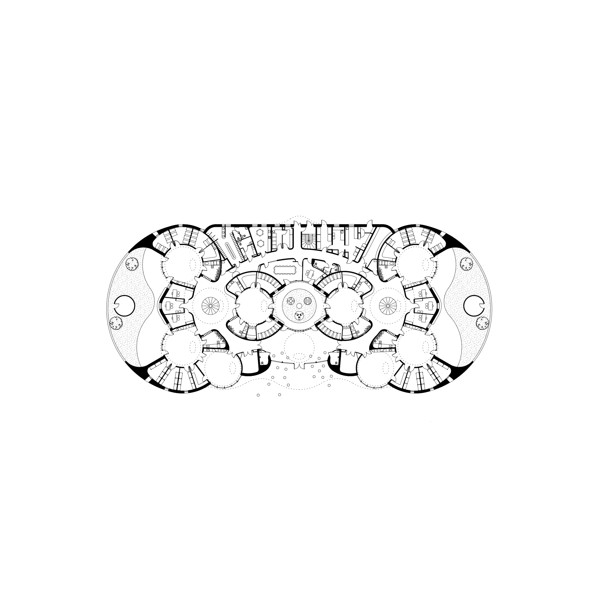 Floor plan drawing showing radial arrangement of circular spaces connected to a central core
