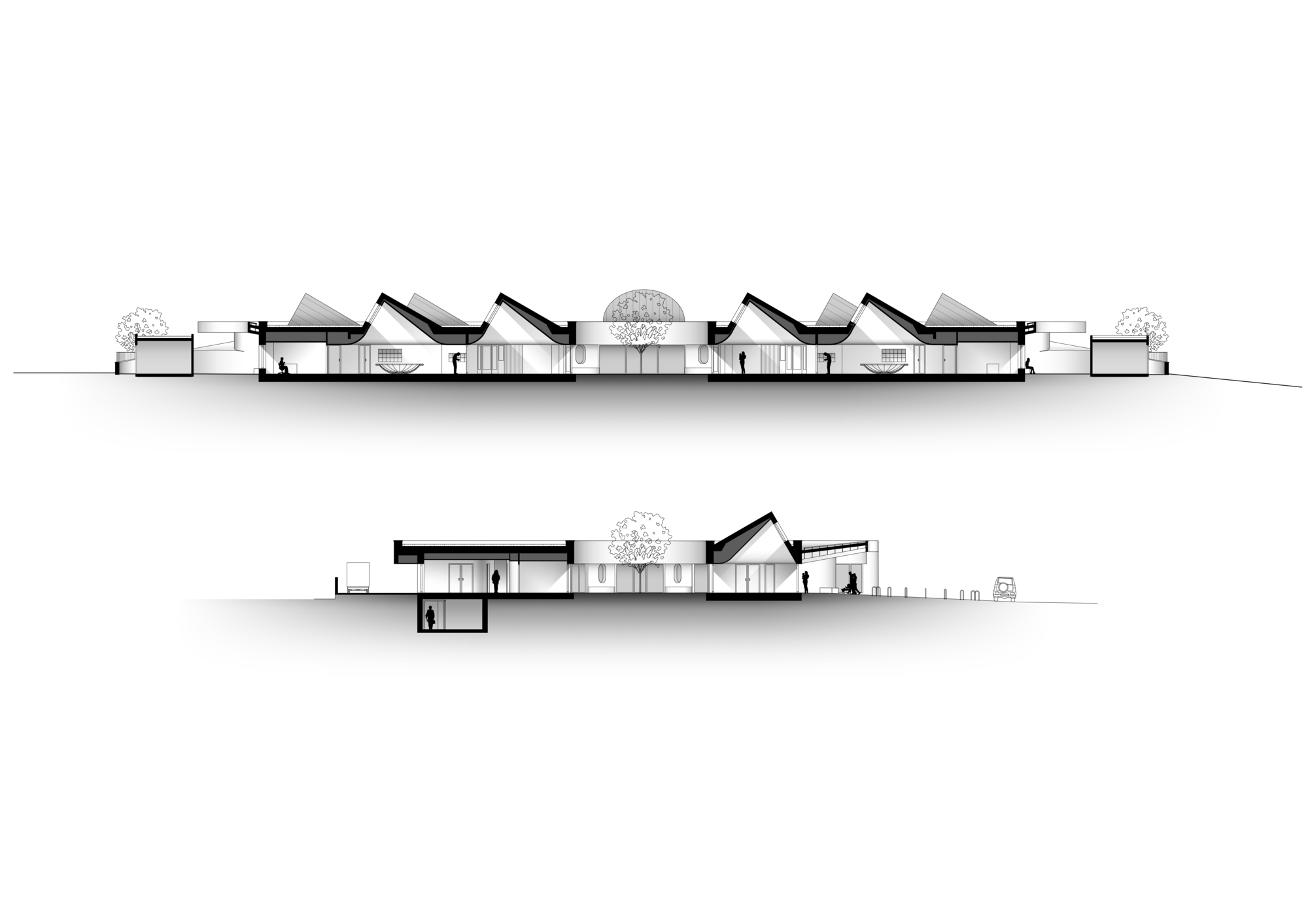 Section drawings showing angled roof volumes and a central circular form with visible interior spaces