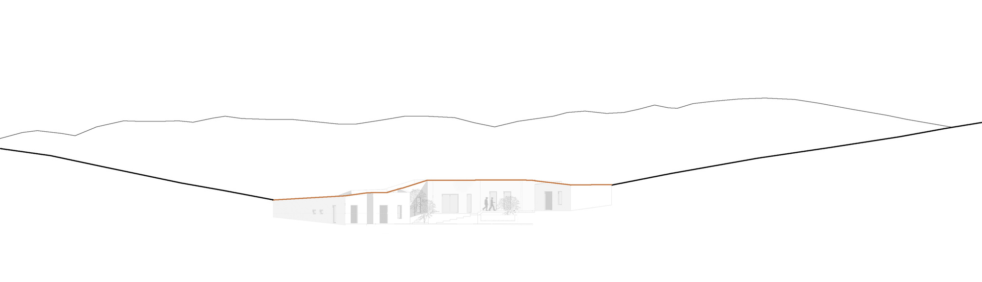 Elevation drawing showing the low horizontal volume set against a rolling hillside profile
