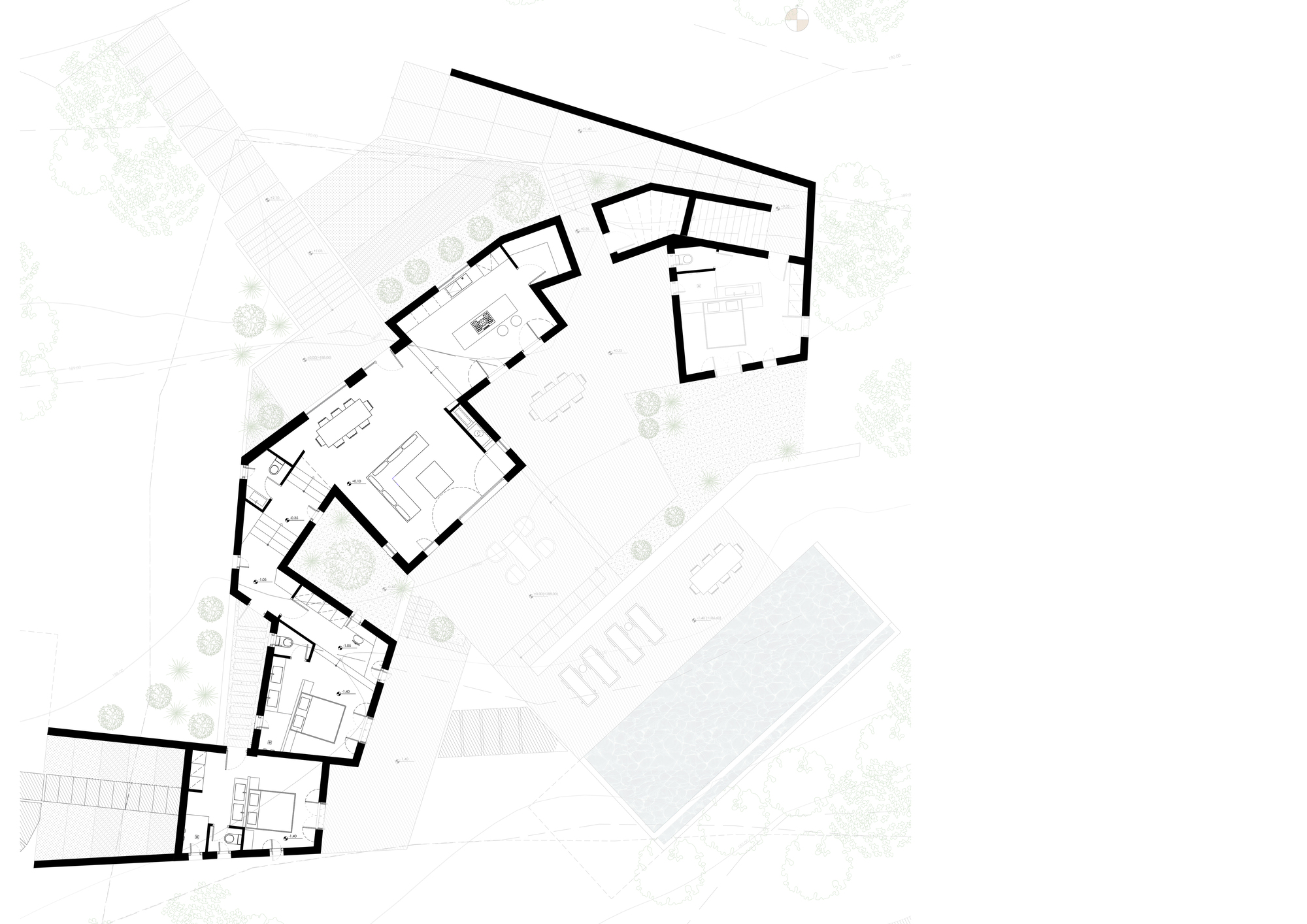 Floor plan drawing of the curved residence with pool and surrounding landscape