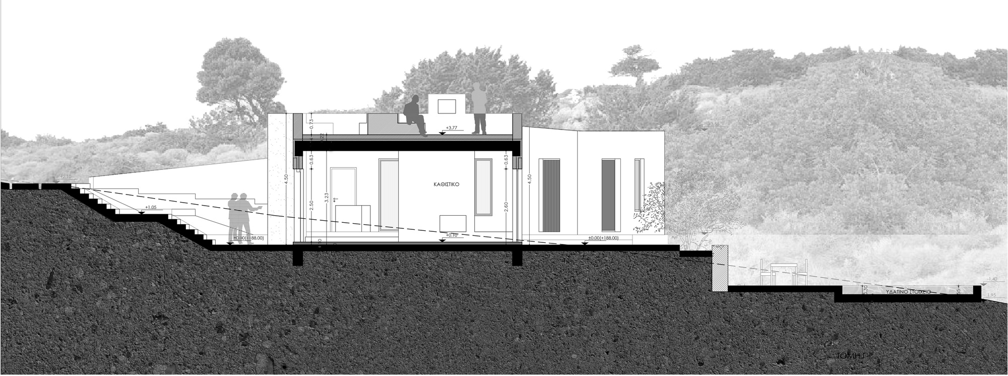 Section drawing showing the residence embedded into a sloped hillside with trees above