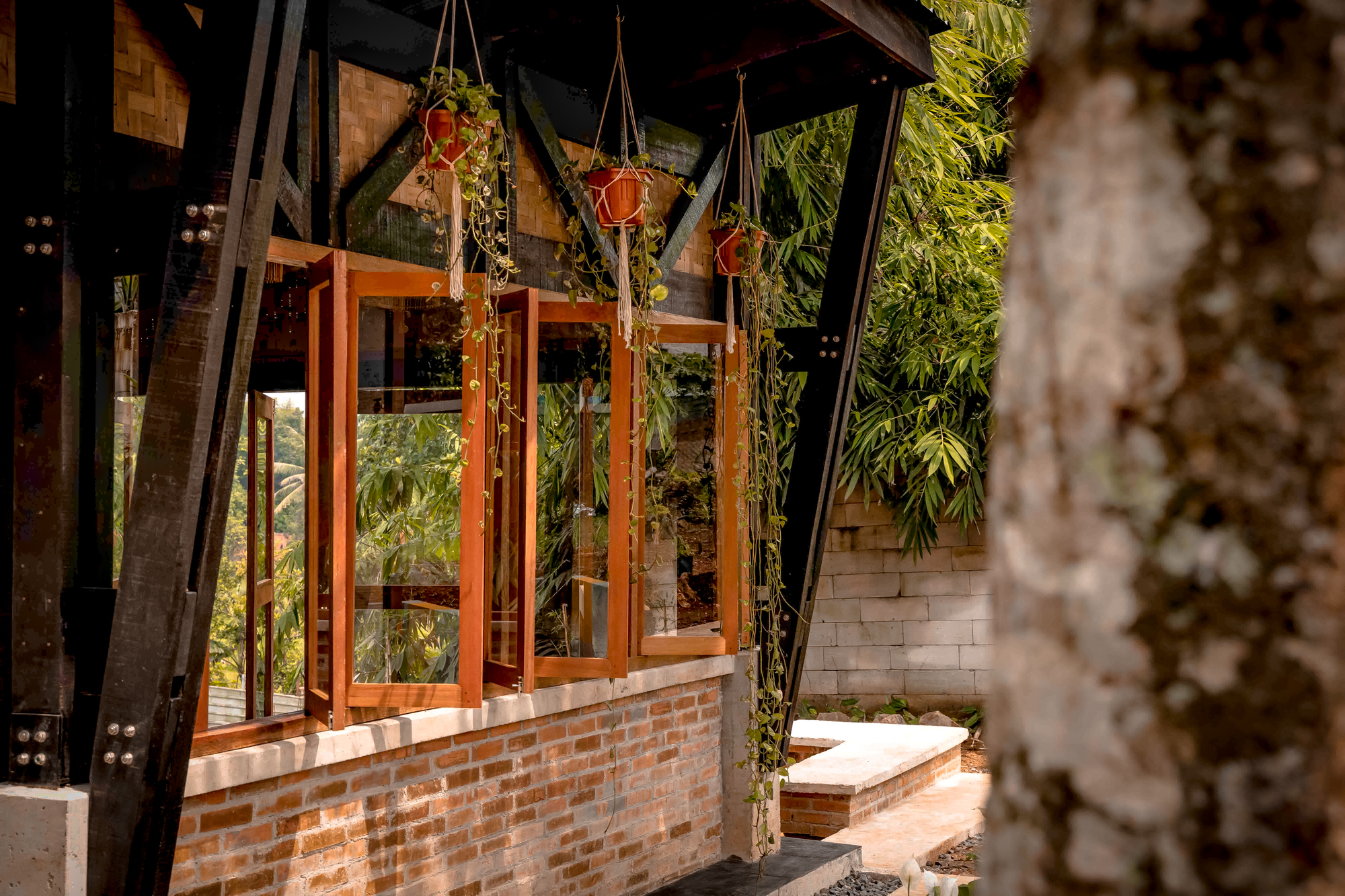 Detail of the folding timber window wall with hanging plants and brick base seen from the porch