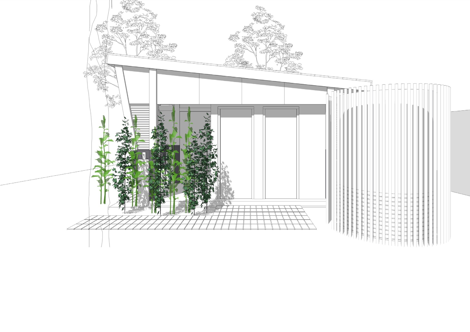 Perspective sketch showing side elevation with vertical bamboo screening and planted entry court