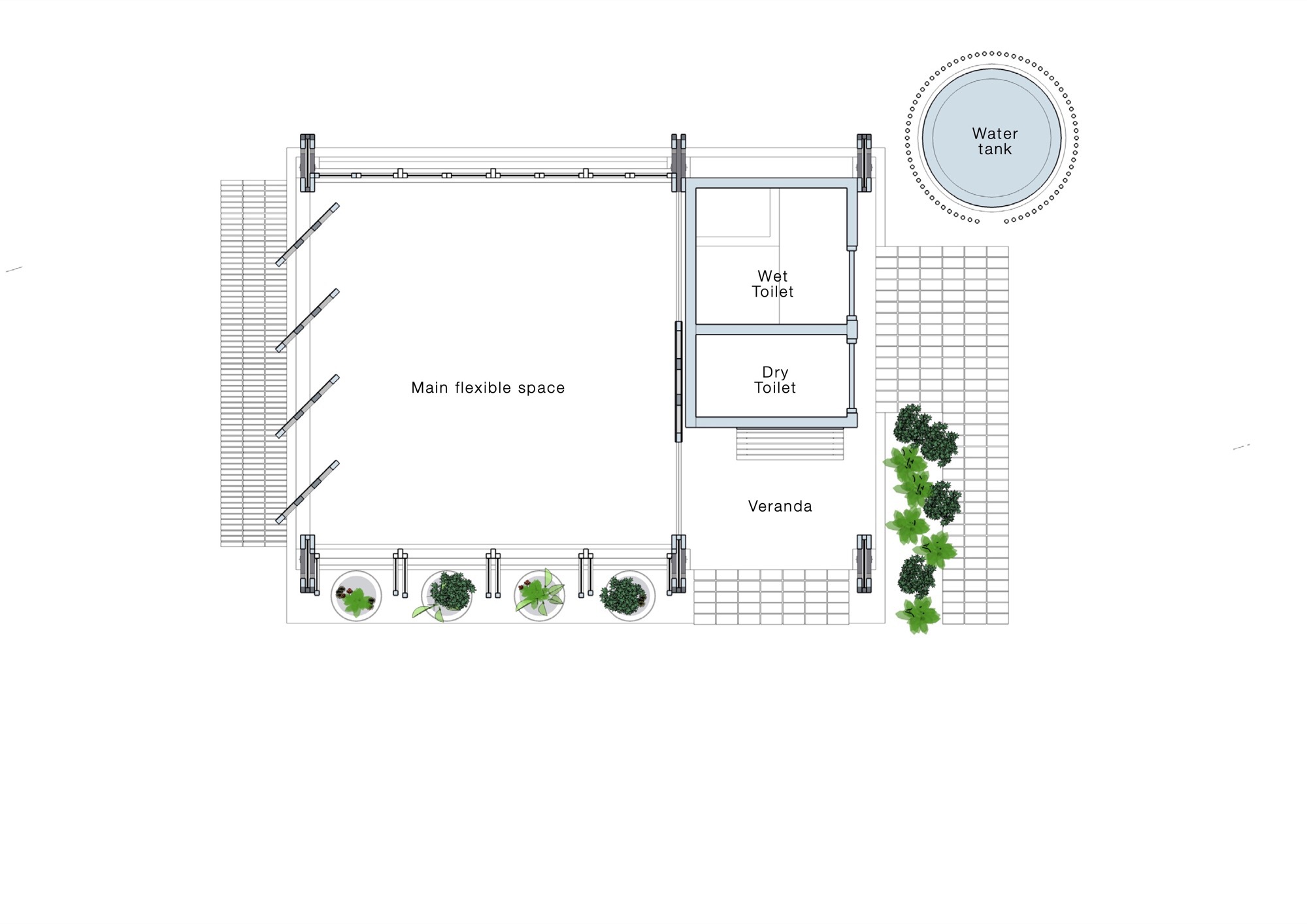 Floor plan drawing showing flexible main space with veranda and corner water tank