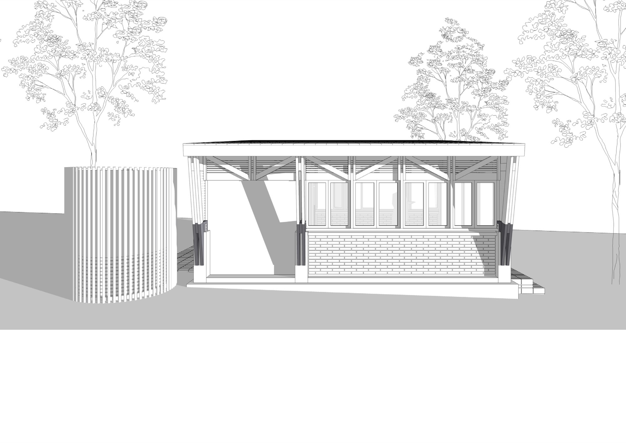 Section drawing showing exposed timber roof trusses and vertical bamboo screen at entry