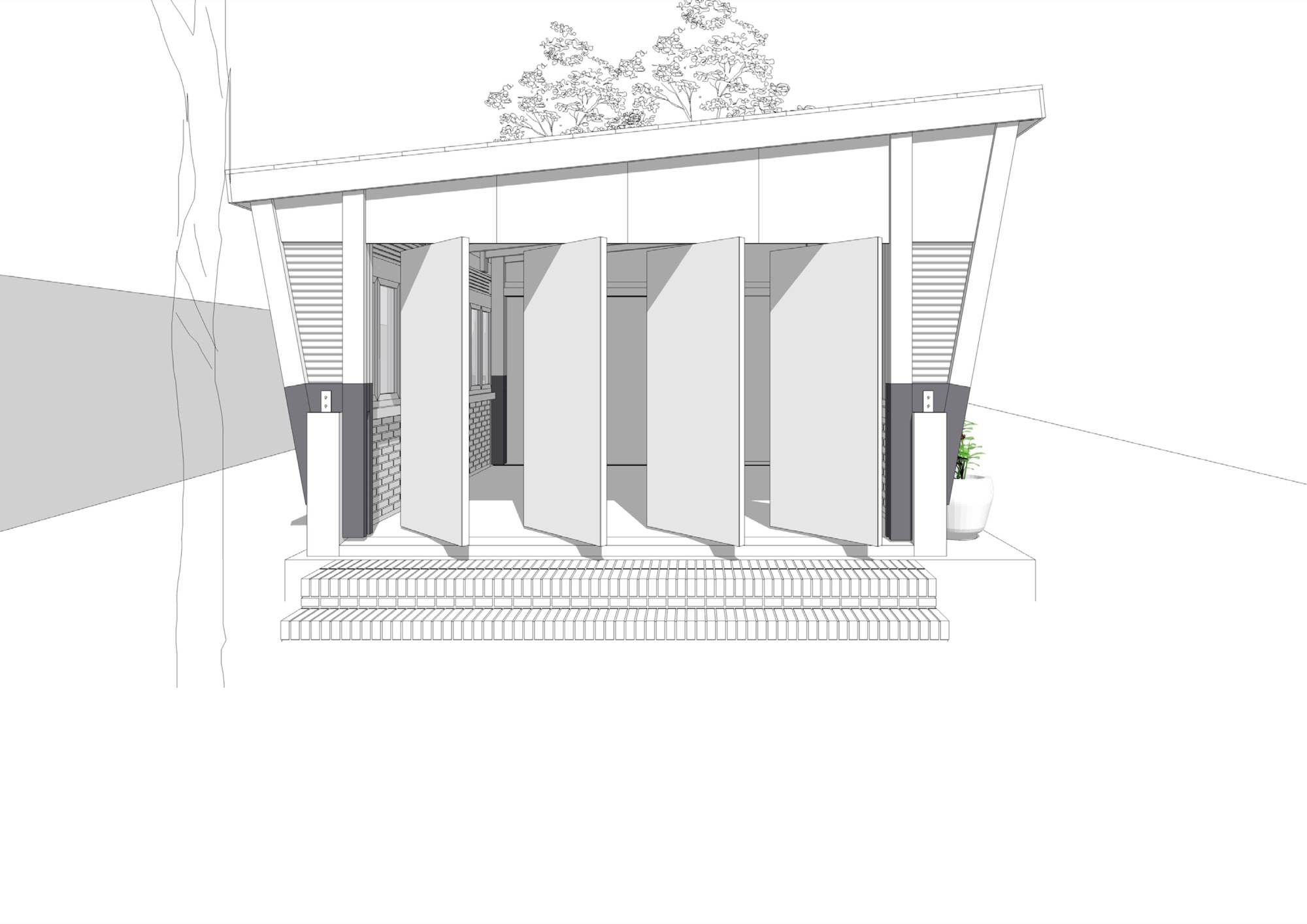 Front elevation sketch showing the portal frame structure with sloped roof and horizontal louvers