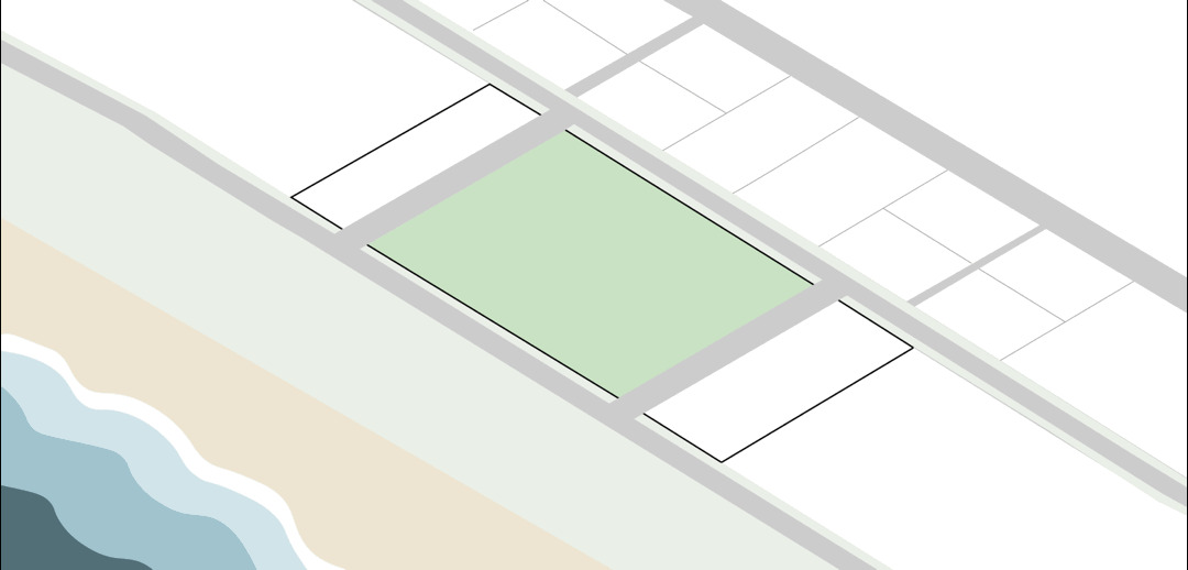 Axonometric drawing showing a rectangular pool courtyard within a gridded framework adjacent to the beach