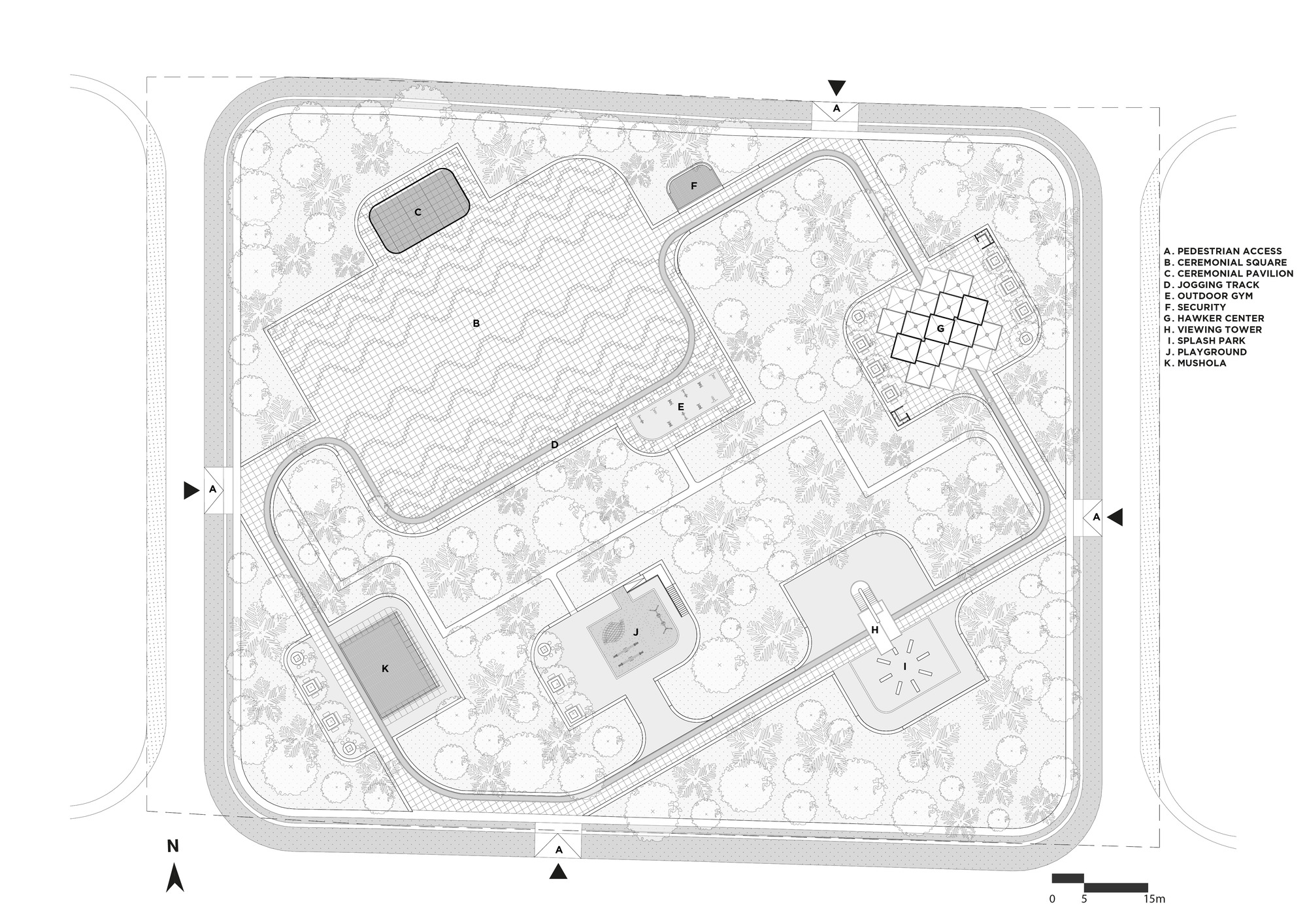 Site plan drawing showing multiple pavilions and pathways within a landscaped perimeter ringed by trees