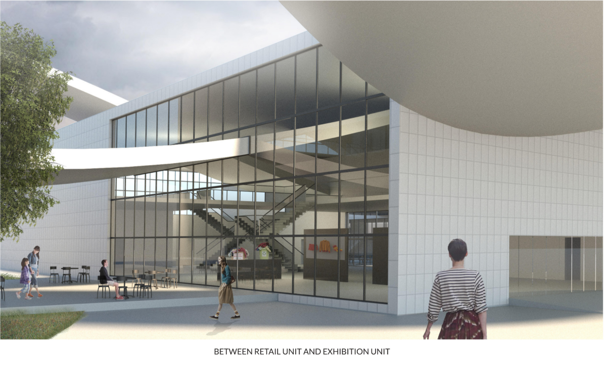 Transitional plaza between retail and exhibition units, reinforcing transparency and public engagement in sustainable fashion architecture.