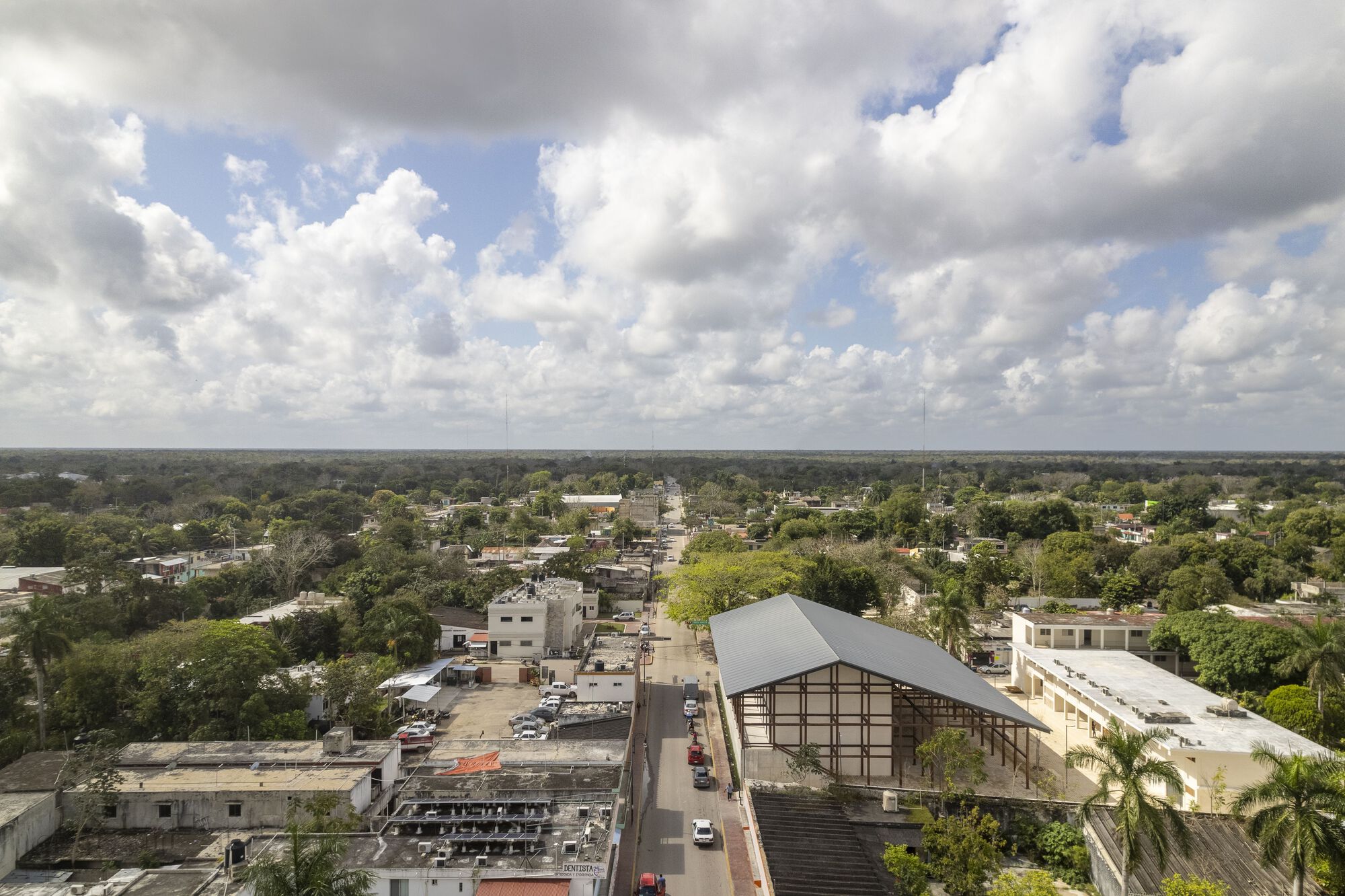 Aerial view of a gabled roof structure with exposed steel framework among low-rise buildings and palm trees