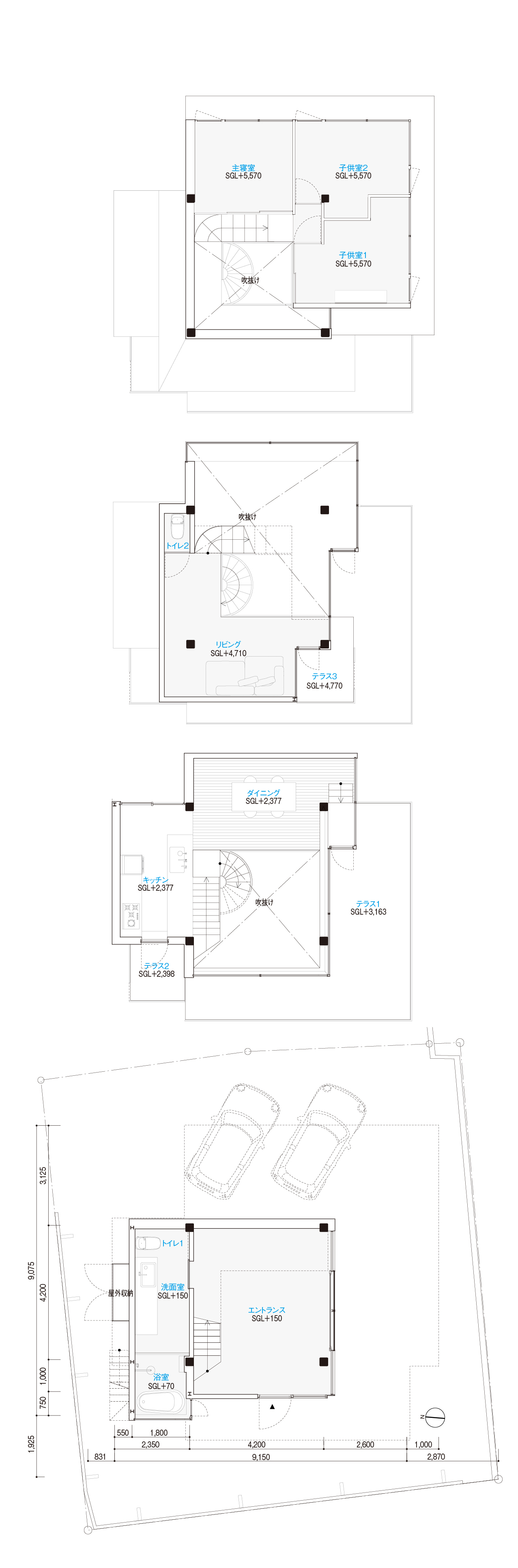 Floor plan drawings showing four levels with stairs, parking, and various rooms arranged vertically