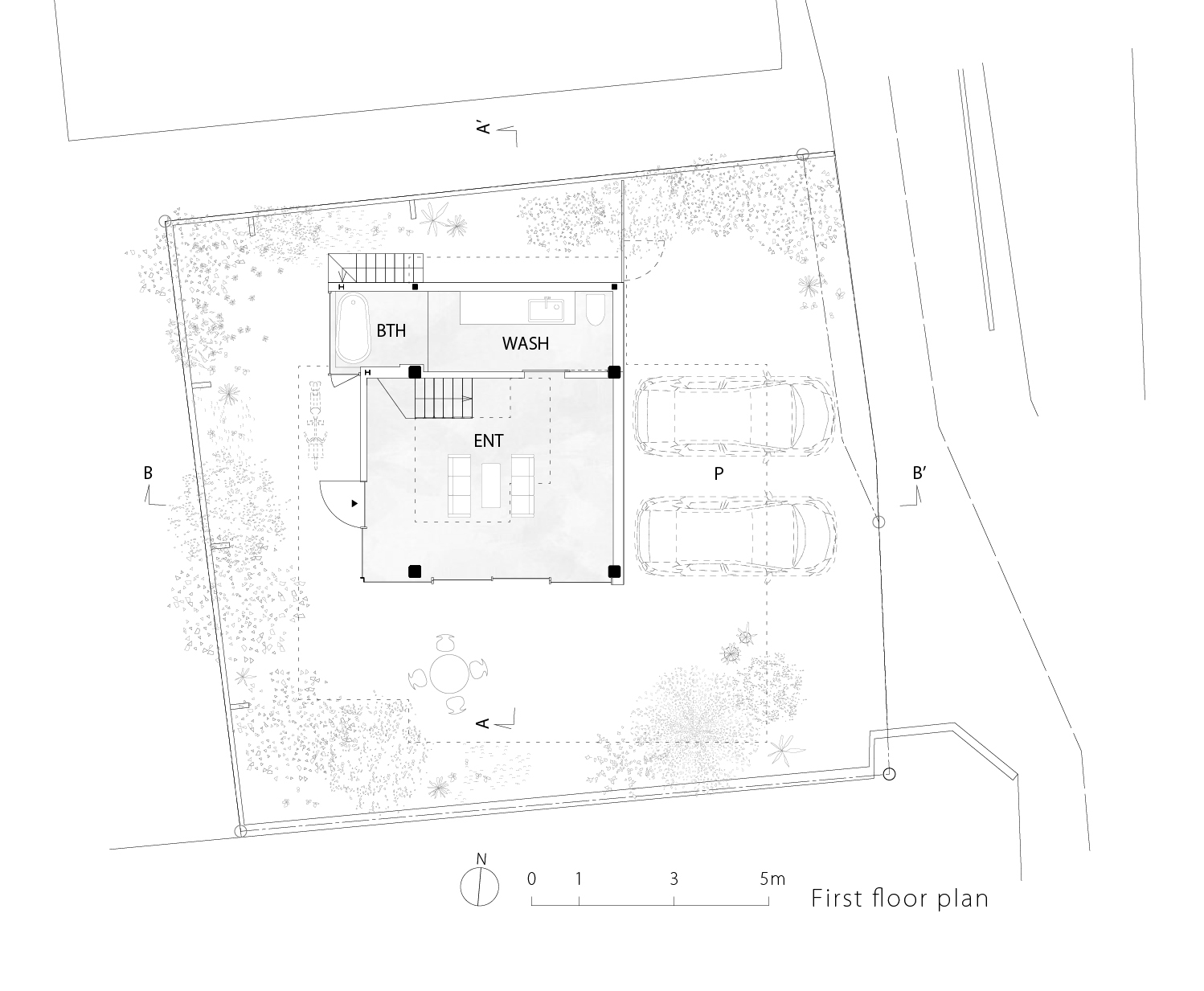 First floor plan drawing showing entry, bathroom, and wash areas surrounded by landscaping and parking spaces