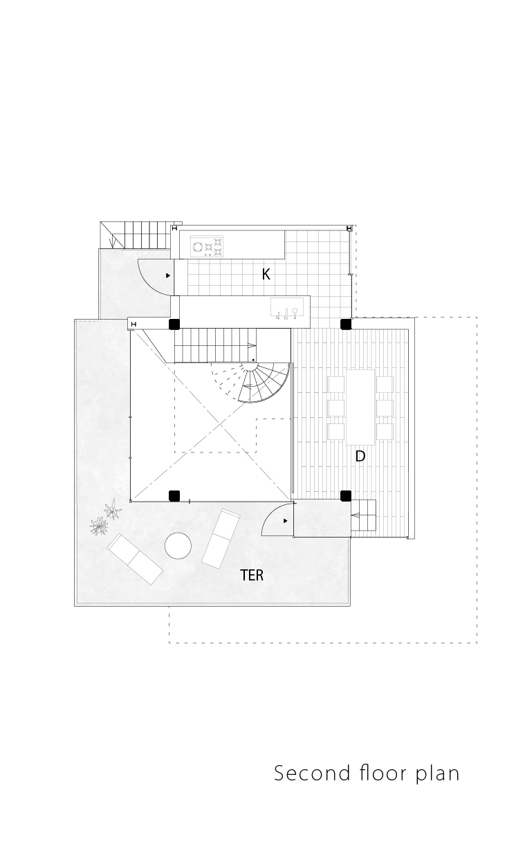 Second floor plan drawing showing kitchen, dining area, spiral stair, and terrace with outdoor furniture