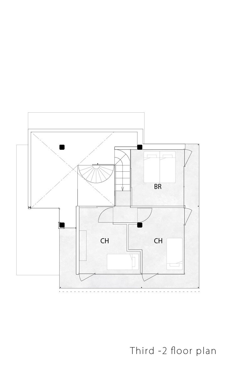 Floor plan drawing showing bedrooms and a spiral stair arranged around a central staircase