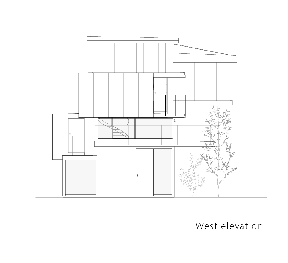 West elevation drawing showing the spiral stair visible through glazing with trees