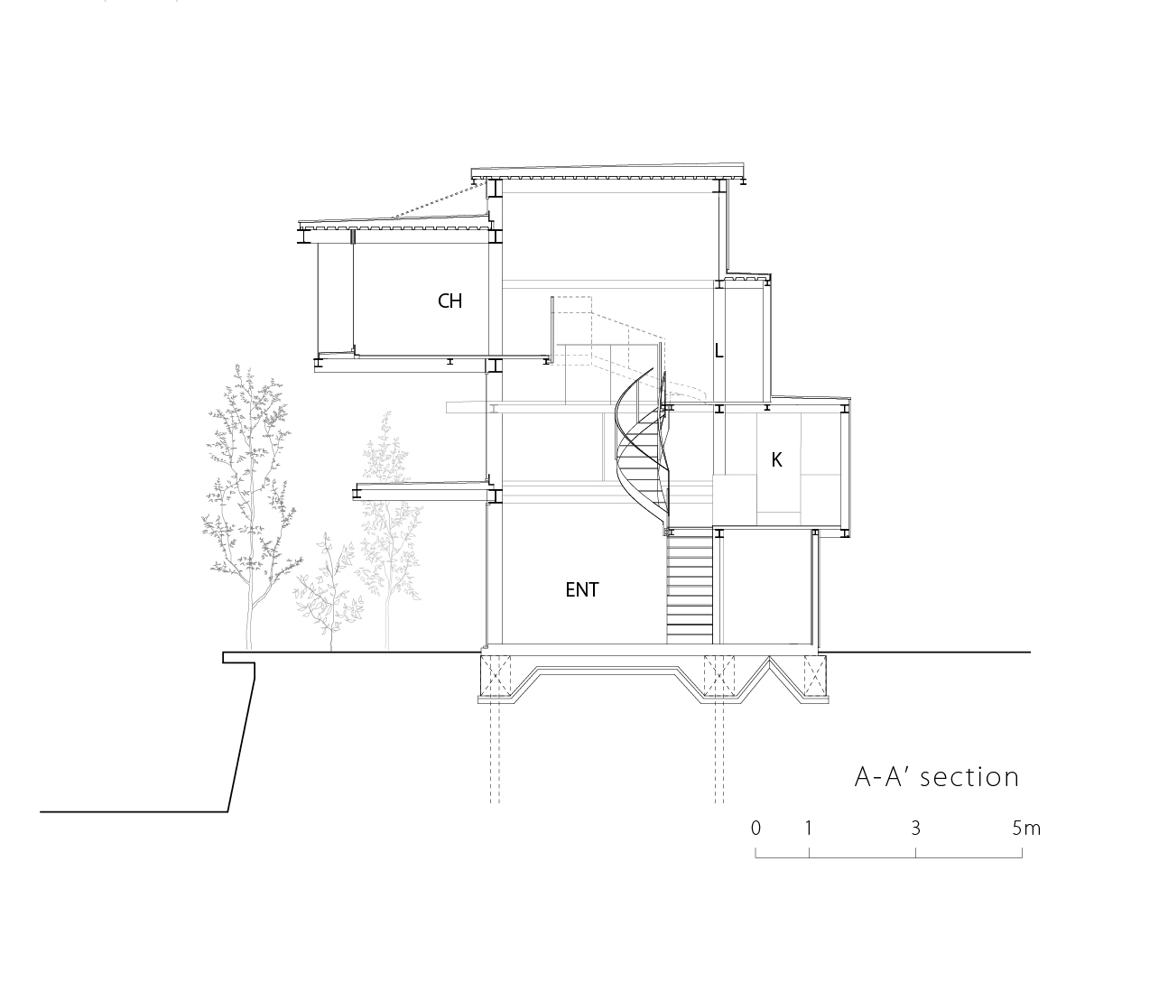 Section drawing revealing the spiral stair connecting levels between labeled rooms and foundation details