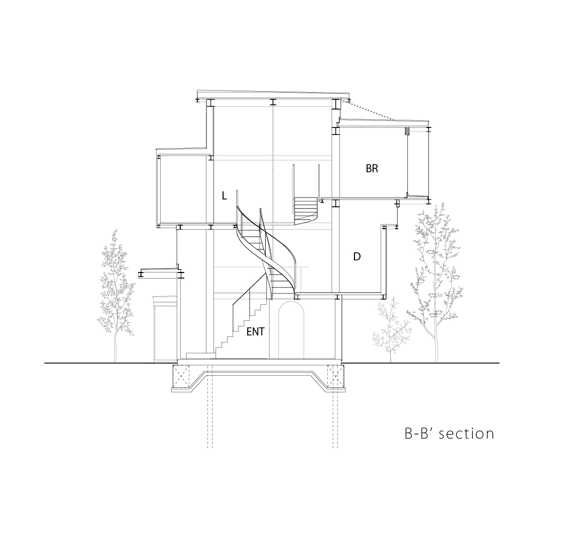 Section drawing showing a multi-level residence with spiral staircase and flanking trees